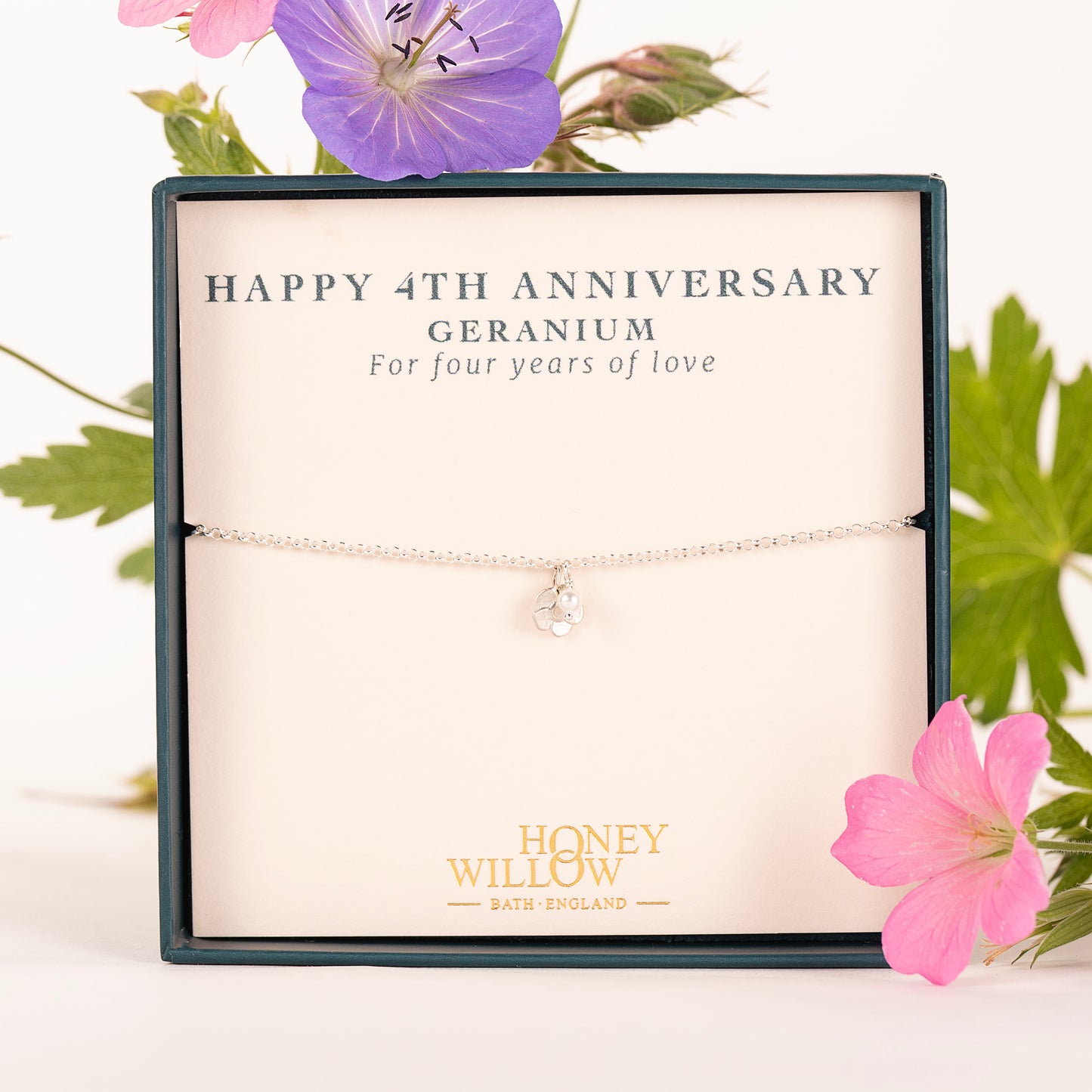 4th Anniversary Gift - Delicate Geranium & Pearl Bracelet - Silver