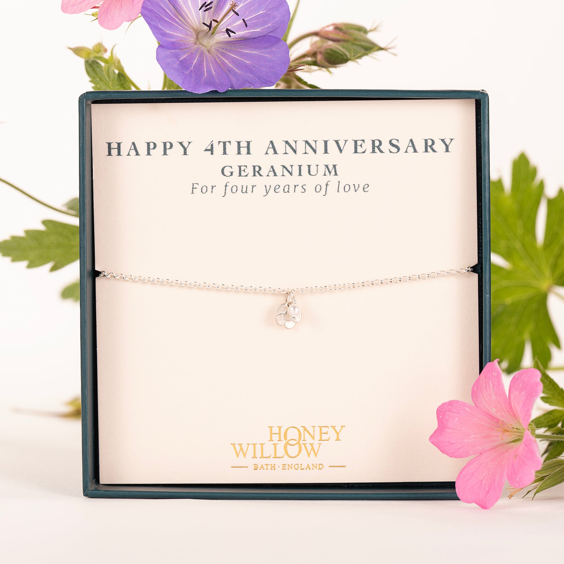4th Anniversary Gift - Delicate Geranium & Pearl Bracelet - Silver