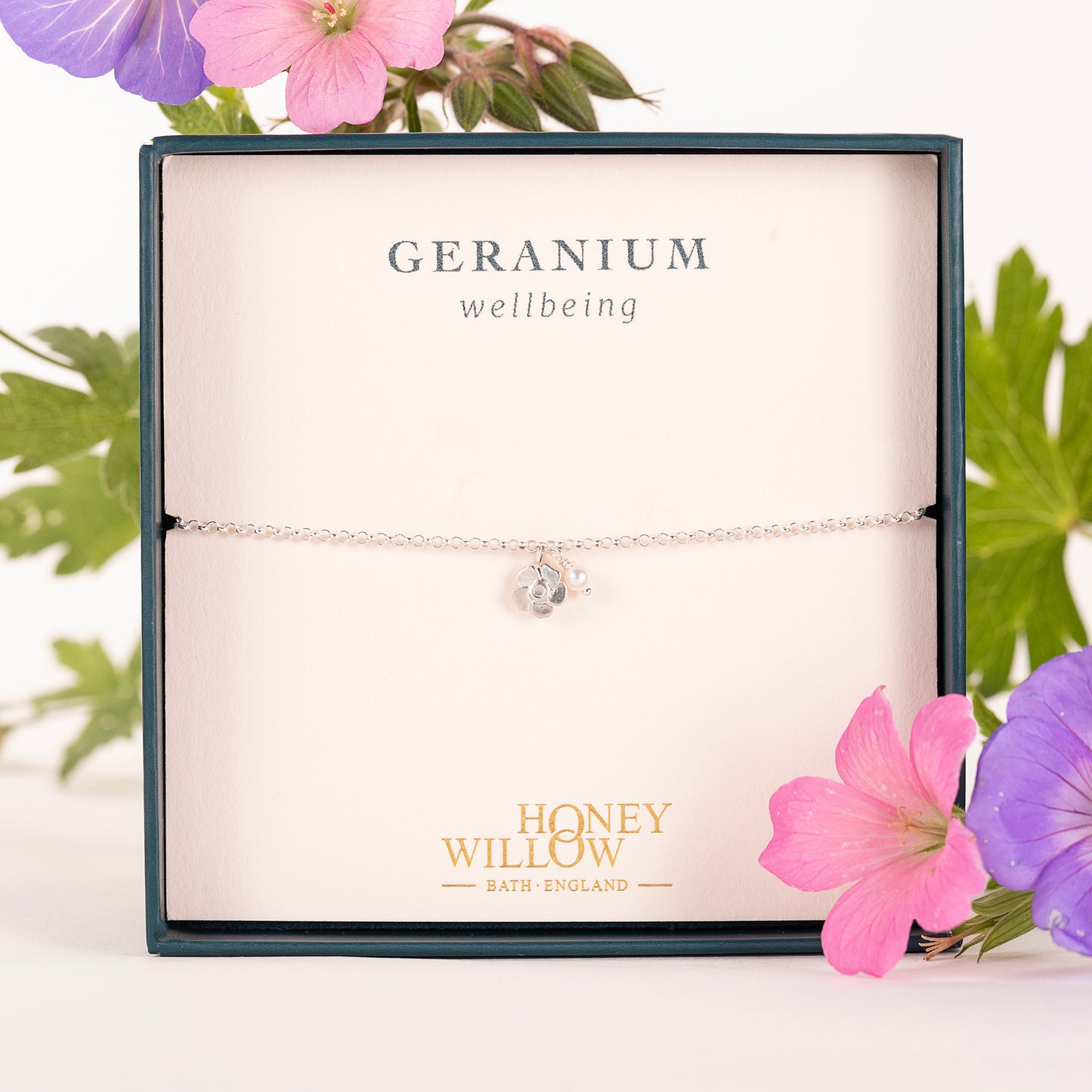 Delicate Geranium Flower & Pearl Bracelet - Wellbeing - Silver