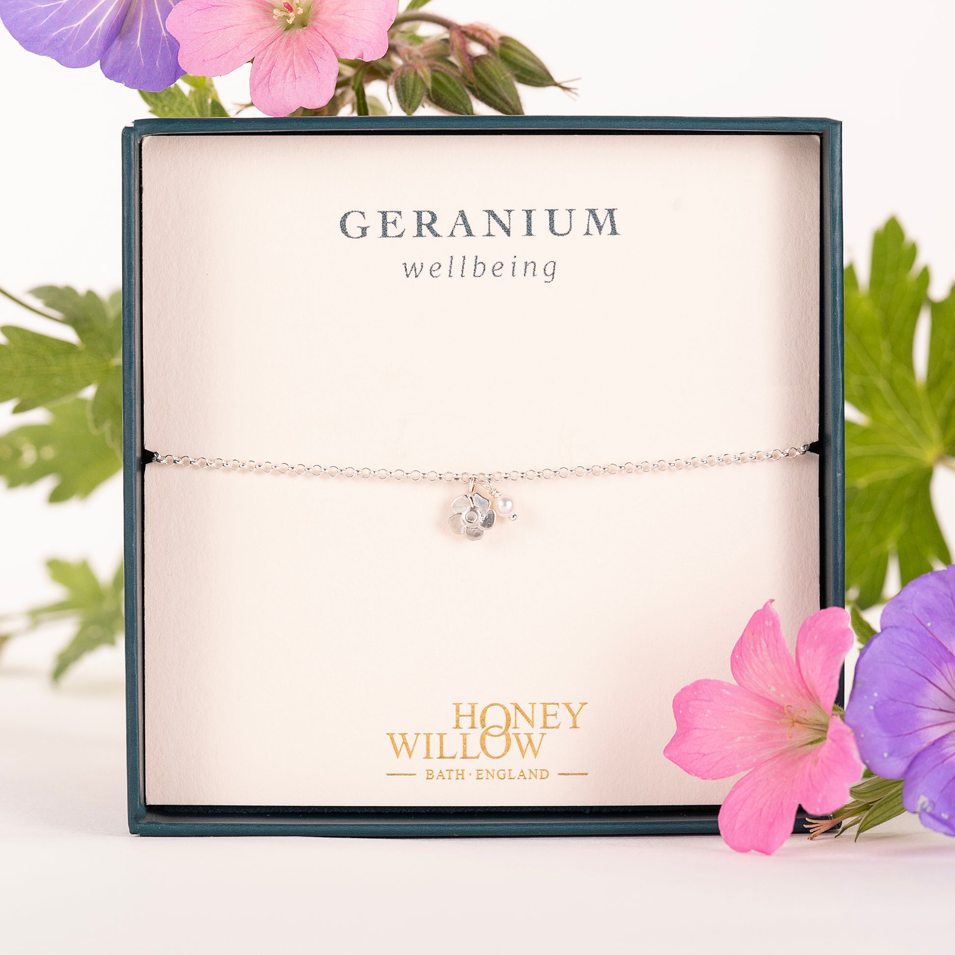 Delicate Geranium Flower & Pearl Bracelet - Wellbeing - Silver