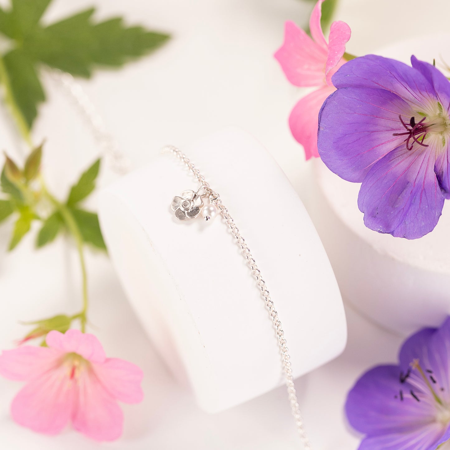 4th Anniversary Gift - Delicate Geranium & Pearl Bracelet - Silver