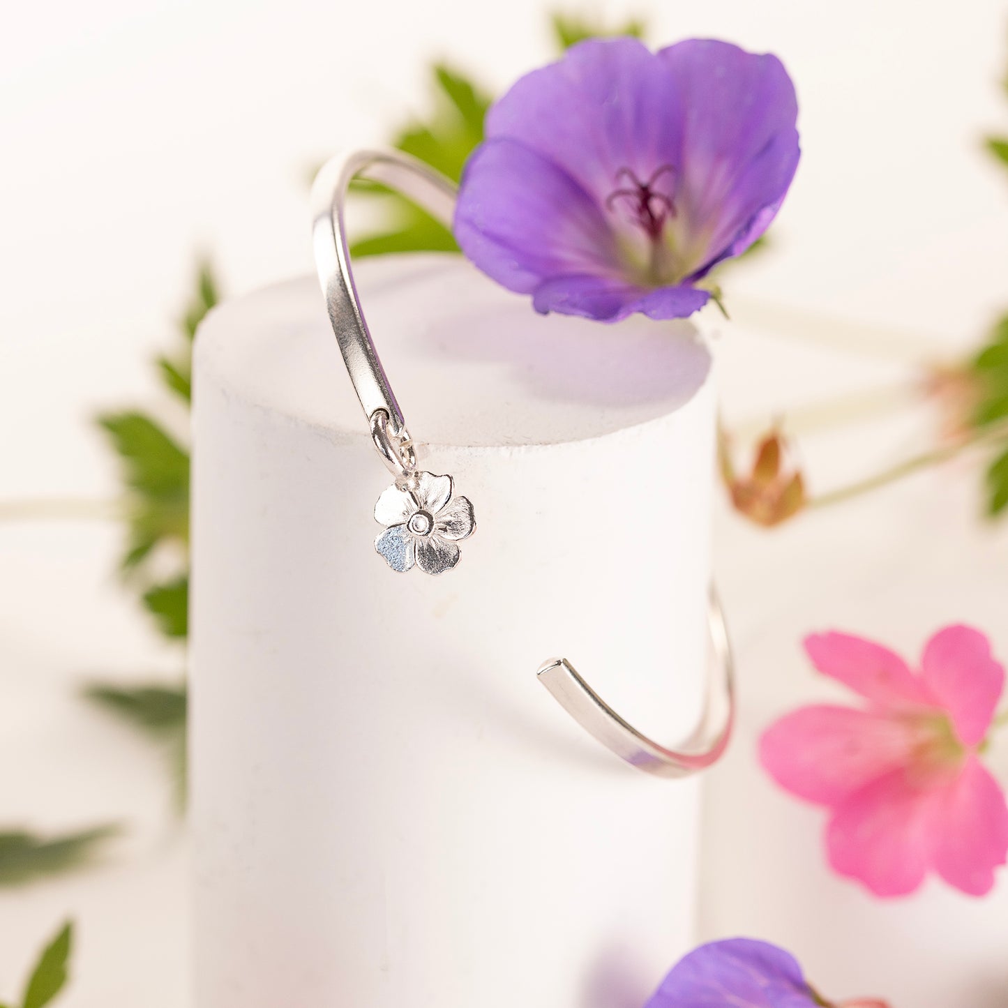 Personalised Geranium Torc Bangle - Wellbeing - Silver