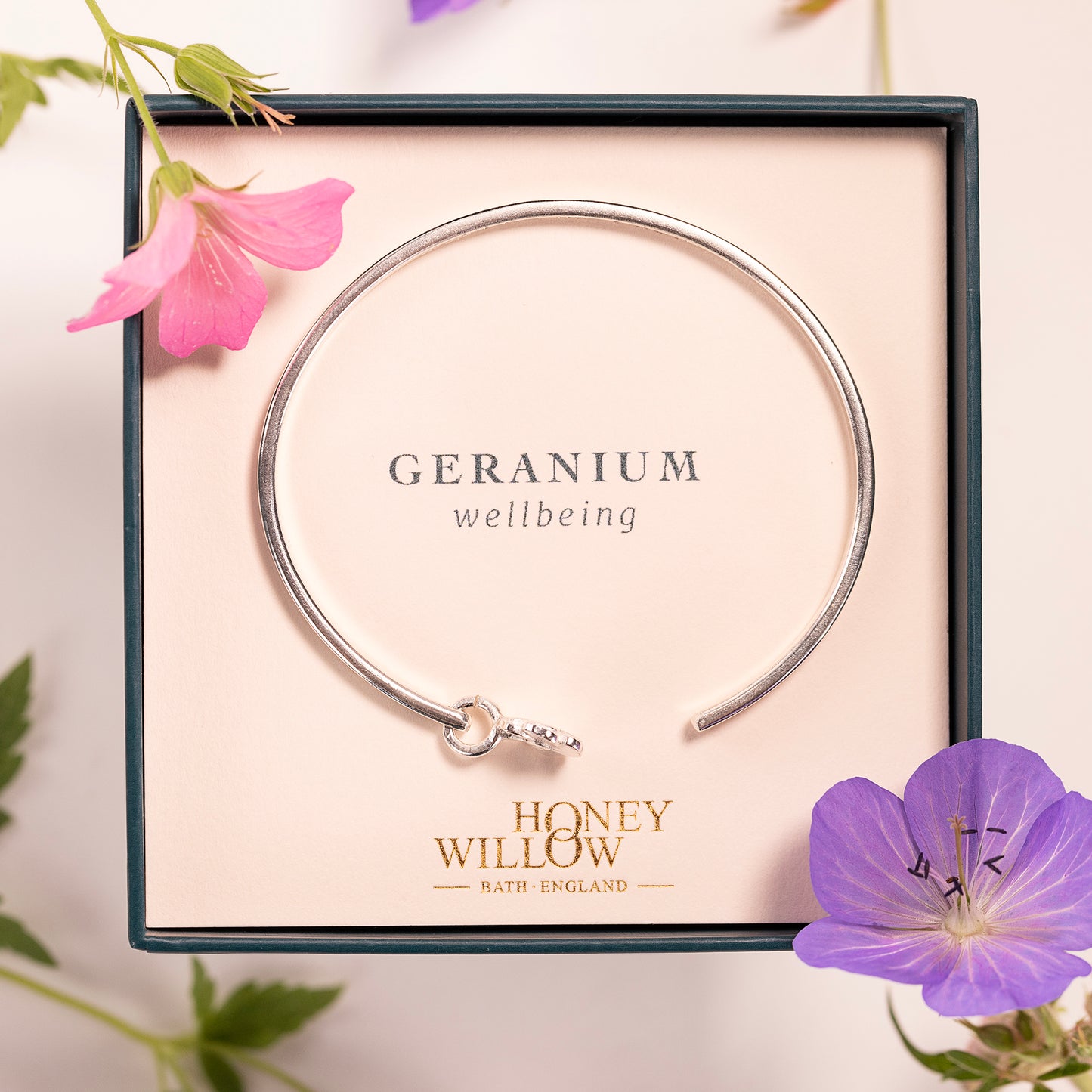 Personalised Geranium Torc Bangle - Wellbeing - Silver