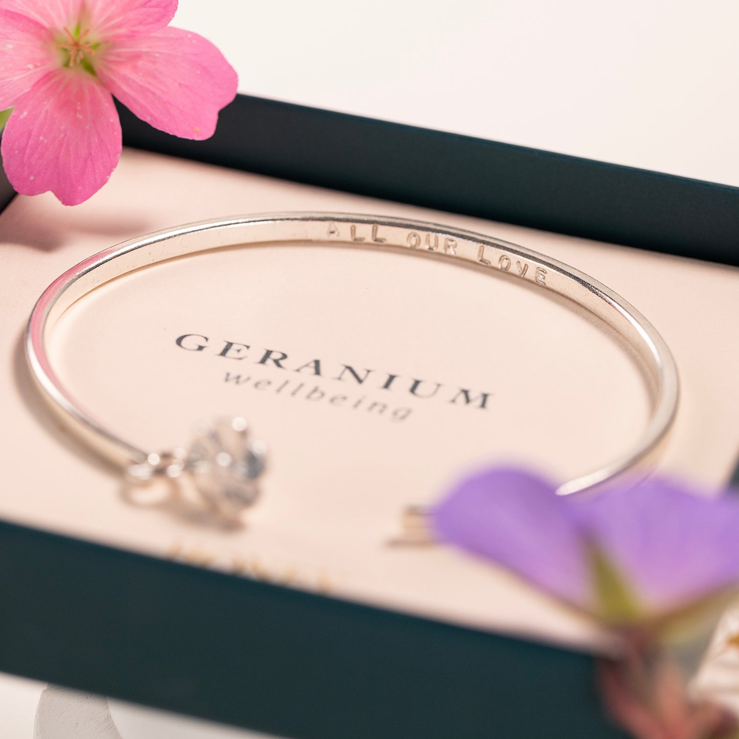 Personalised Geranium Torc Bangle - Wellbeing - Silver