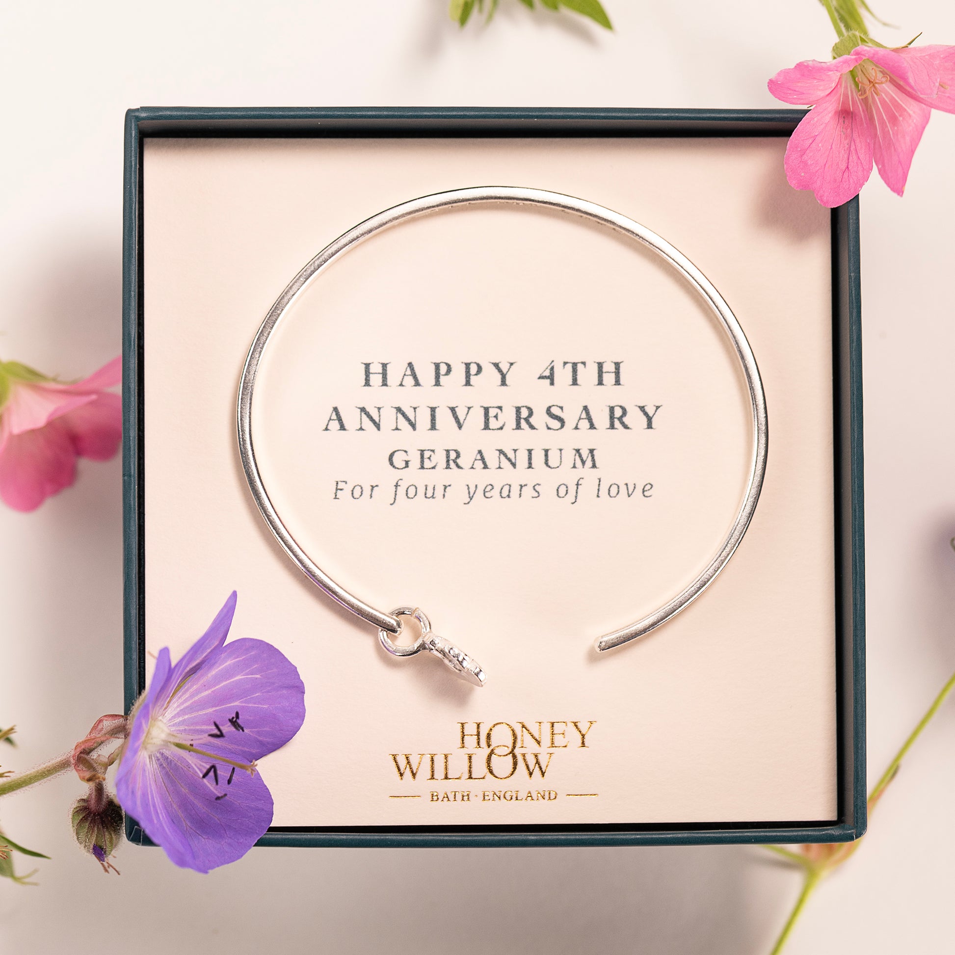 4th Anniversary Gift - Personalised Geranium Torc Bangle - Silver
