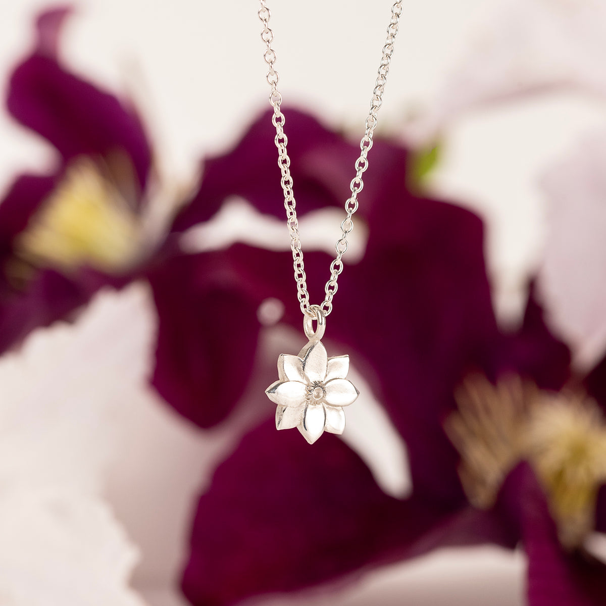 8 Year Work Anniversary Gift - Clematis Flower Necklace - Silver