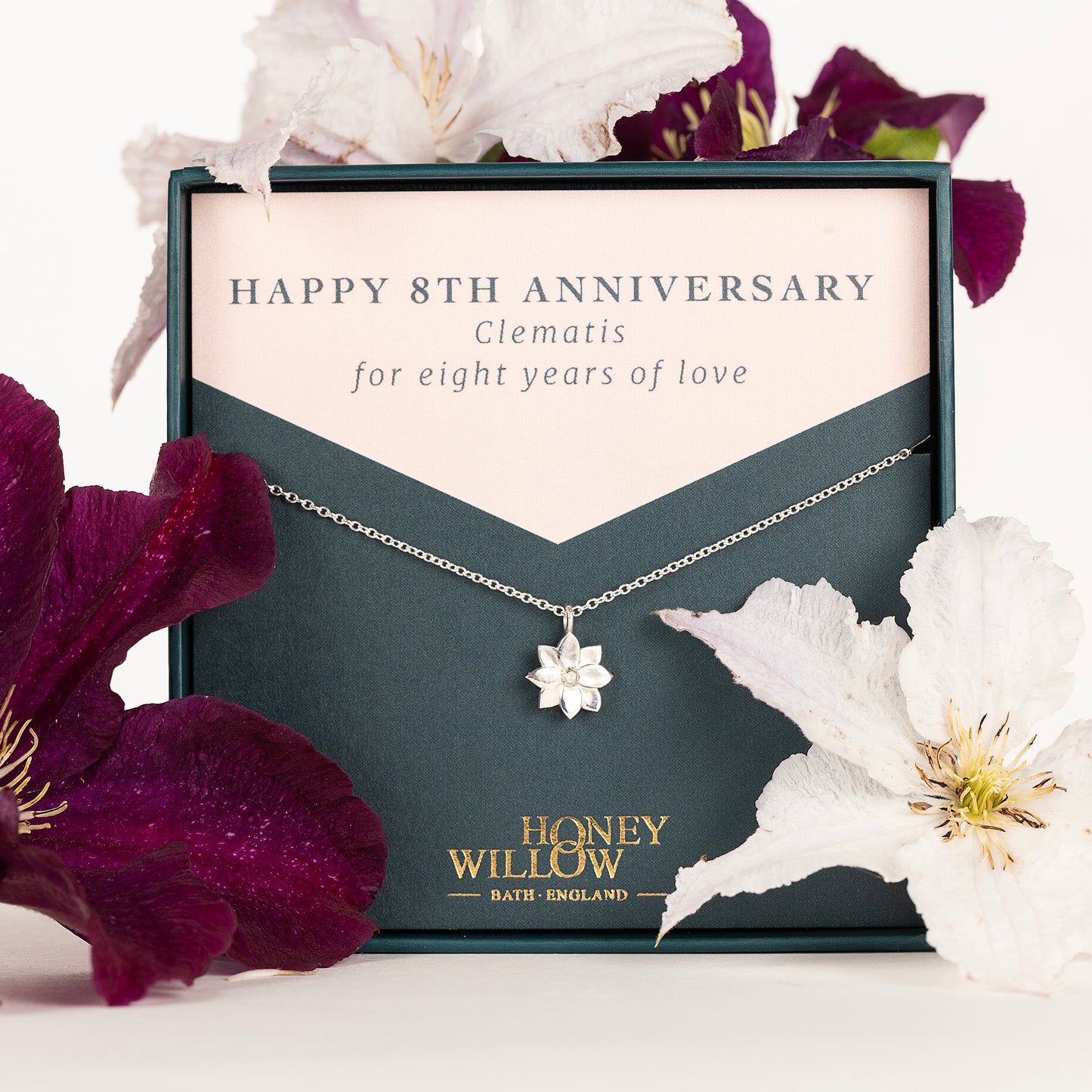 8th Anniversary Gift - Clematis Flower Necklace - Silver