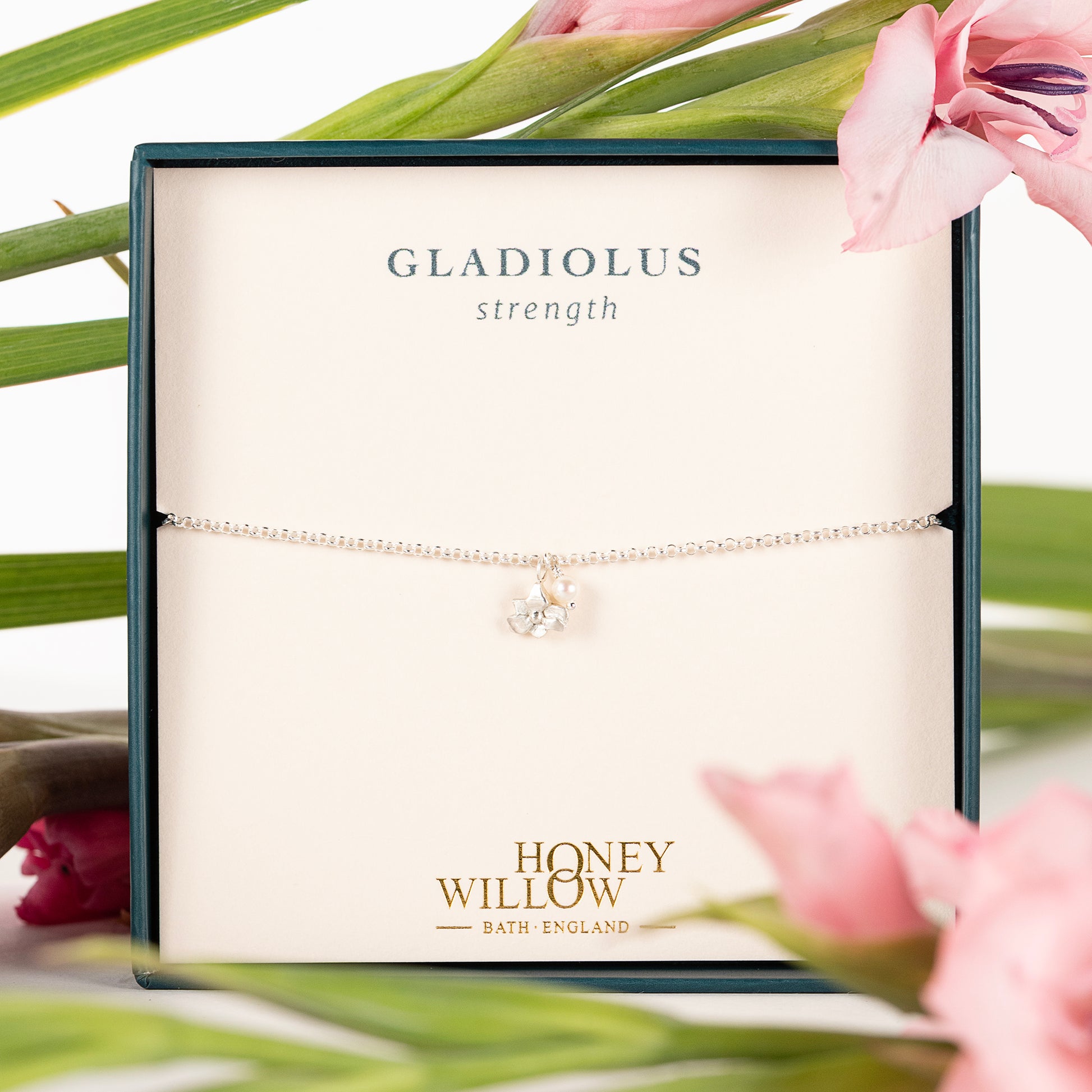 Delicate Gladiolus Flower & Pearl Bracelet - Strength - Silver