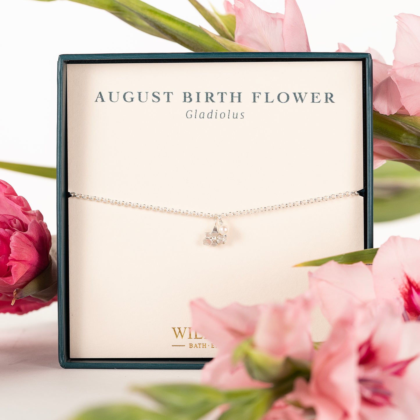 August Birth Flower Bracelet - Gladiolus & Pearl - Silver