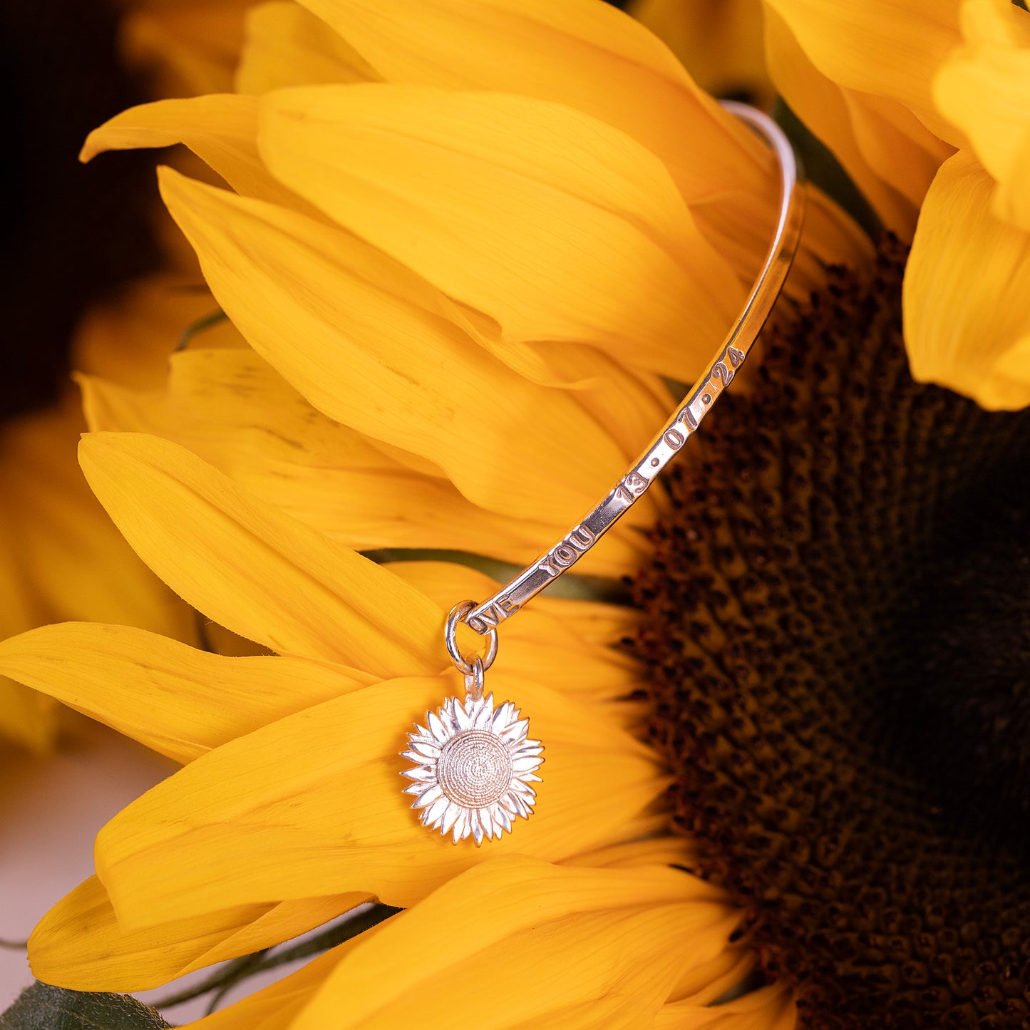 3rd Anniversary Gift - Personalised Sunflower Bangle - Silver