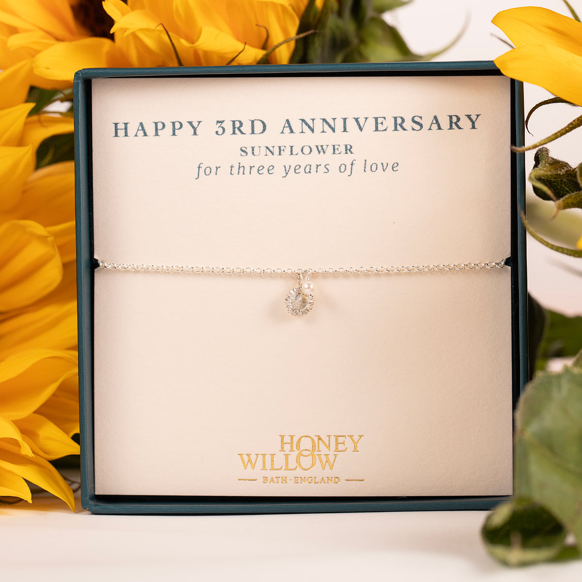 3rd Anniversary Gift - Delicate Sunflower & Pearl Bracelet - Silver