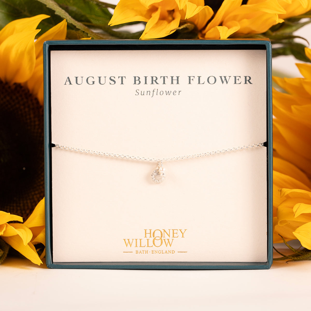 August Birth Flower Bracelet - Sunflower & Pearl - Silver