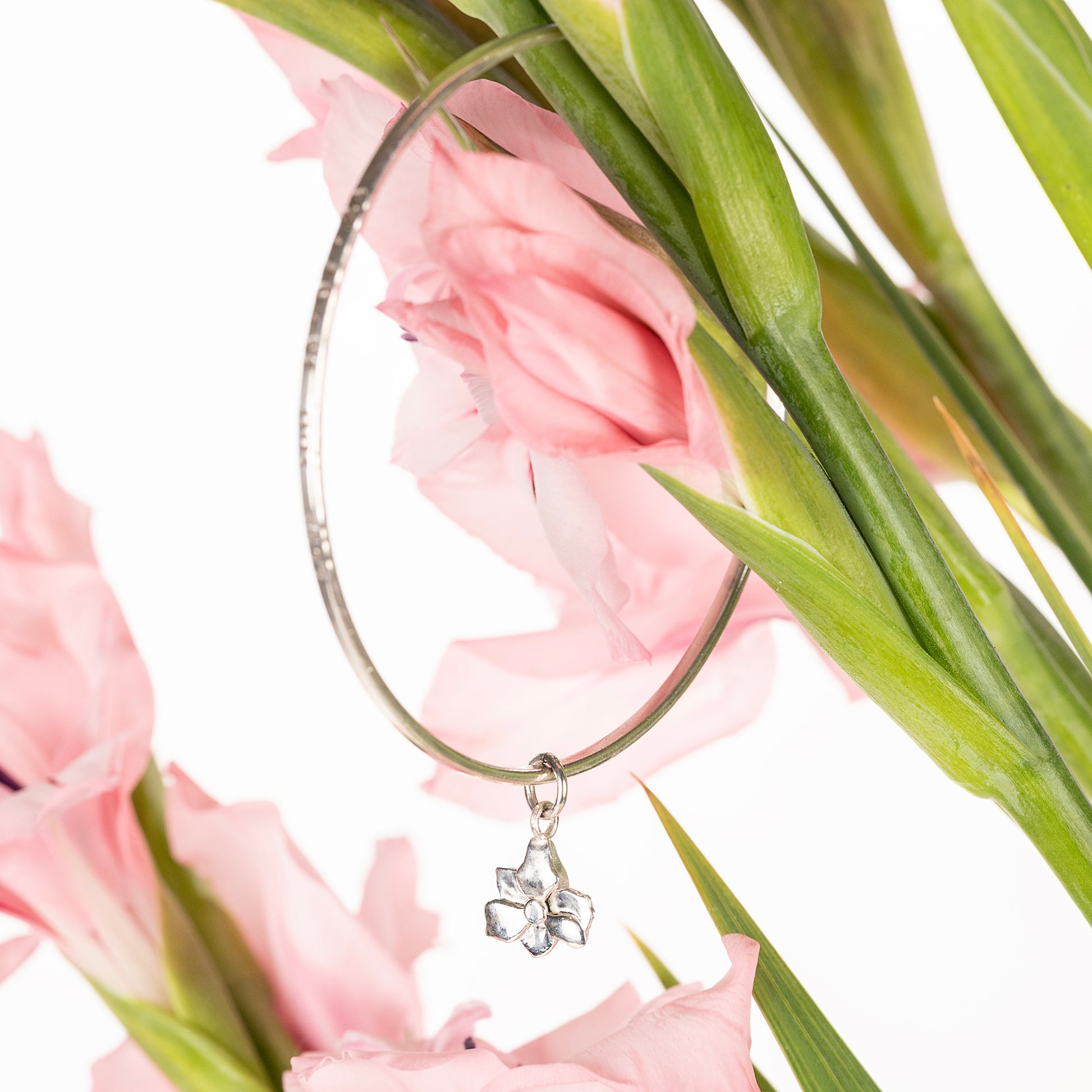 Personalised Gladiolus Flower Bangle - Strength - Silver