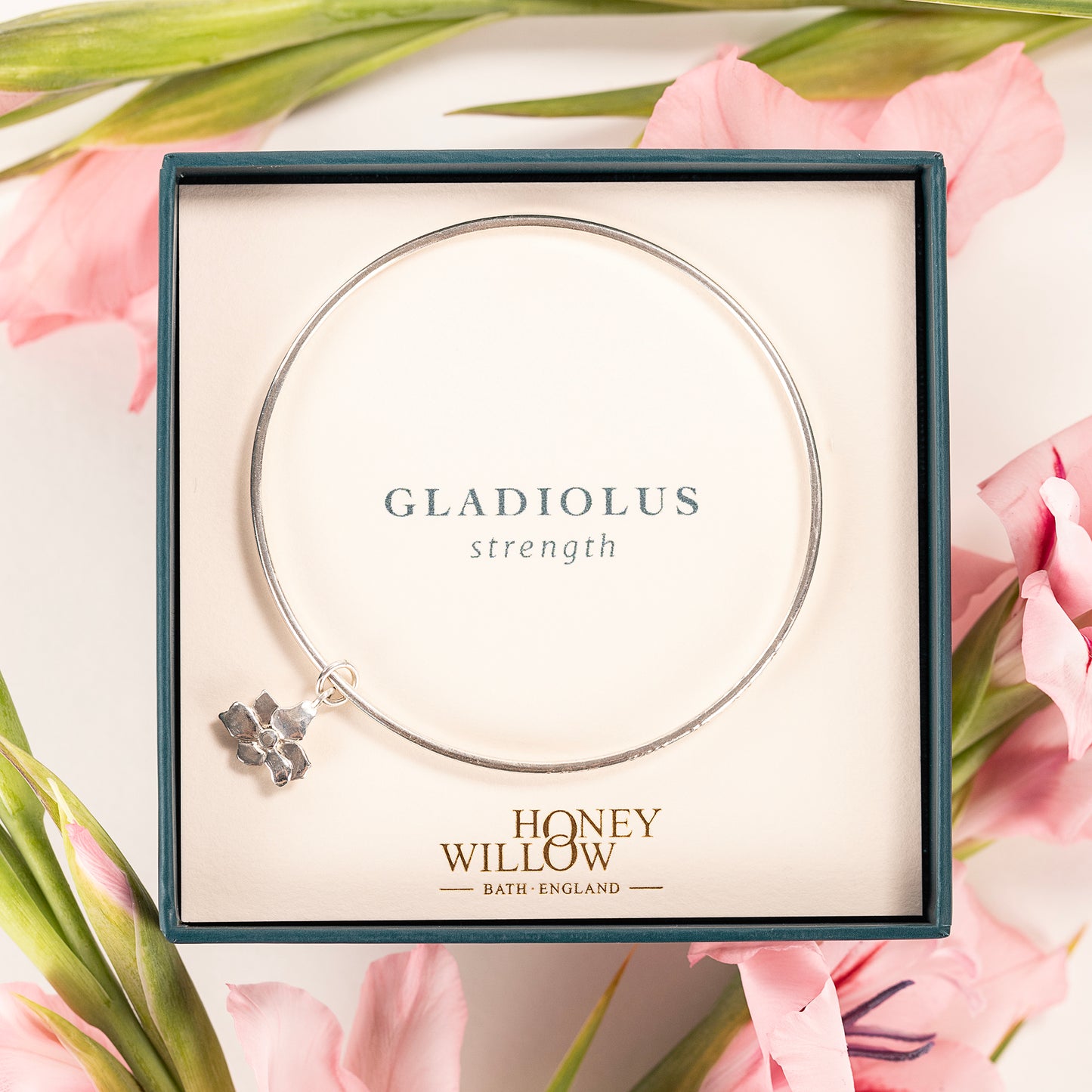 Personalised Gladiolus Flower Bangle - Strength - Silver