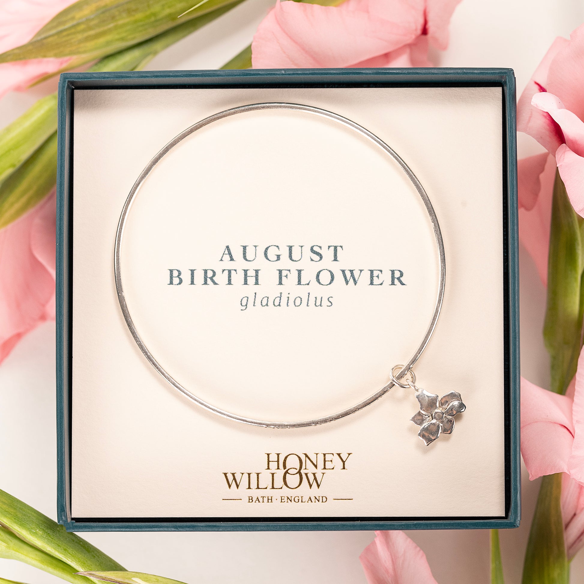 August Birth Flower Jewellery - Personalised Gladiolus Bangle - Silver