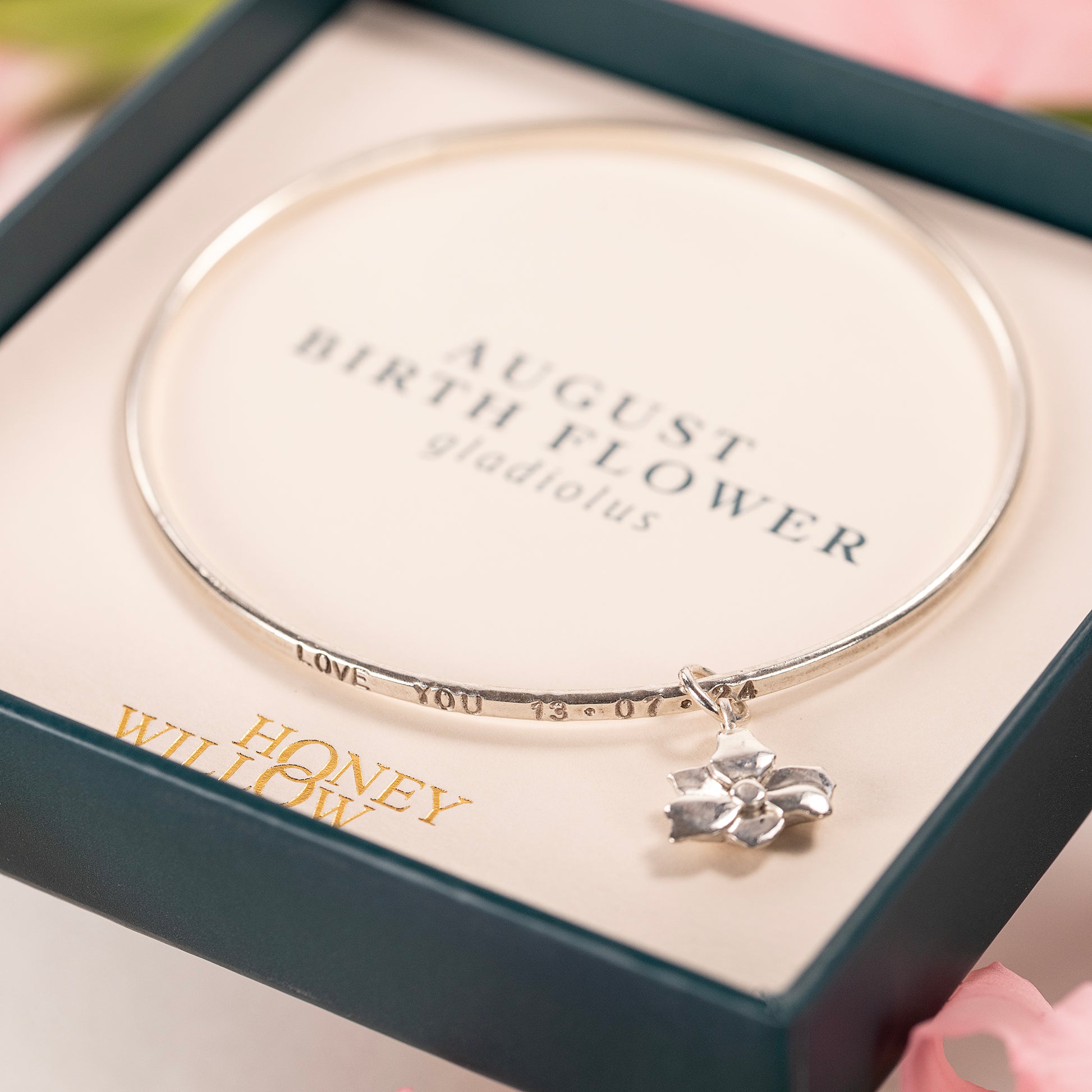 August Birth Flower Jewellery - Personalised Gladiolus Bangle - Silver
