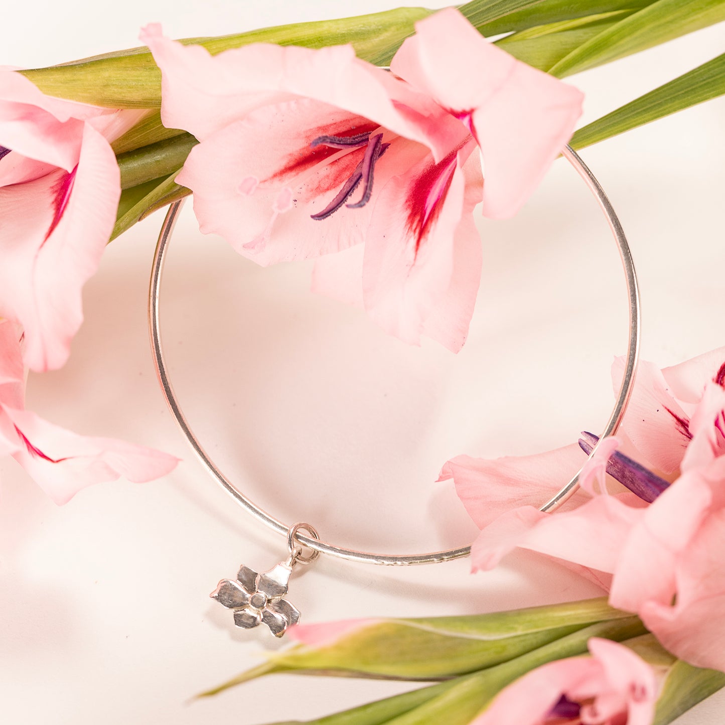 Personalised Gladiolus Flower Bangle - Strength - Silver