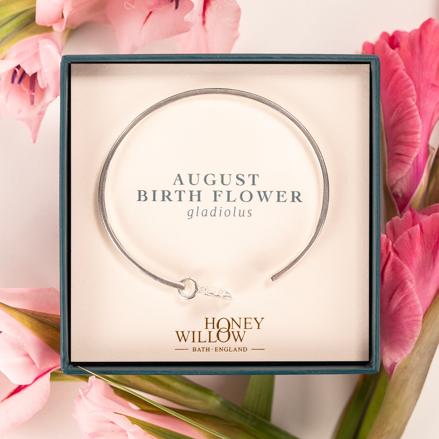 August Birth Flower Jewellery - Personalised Gladiolus Torc Bangle - Silver