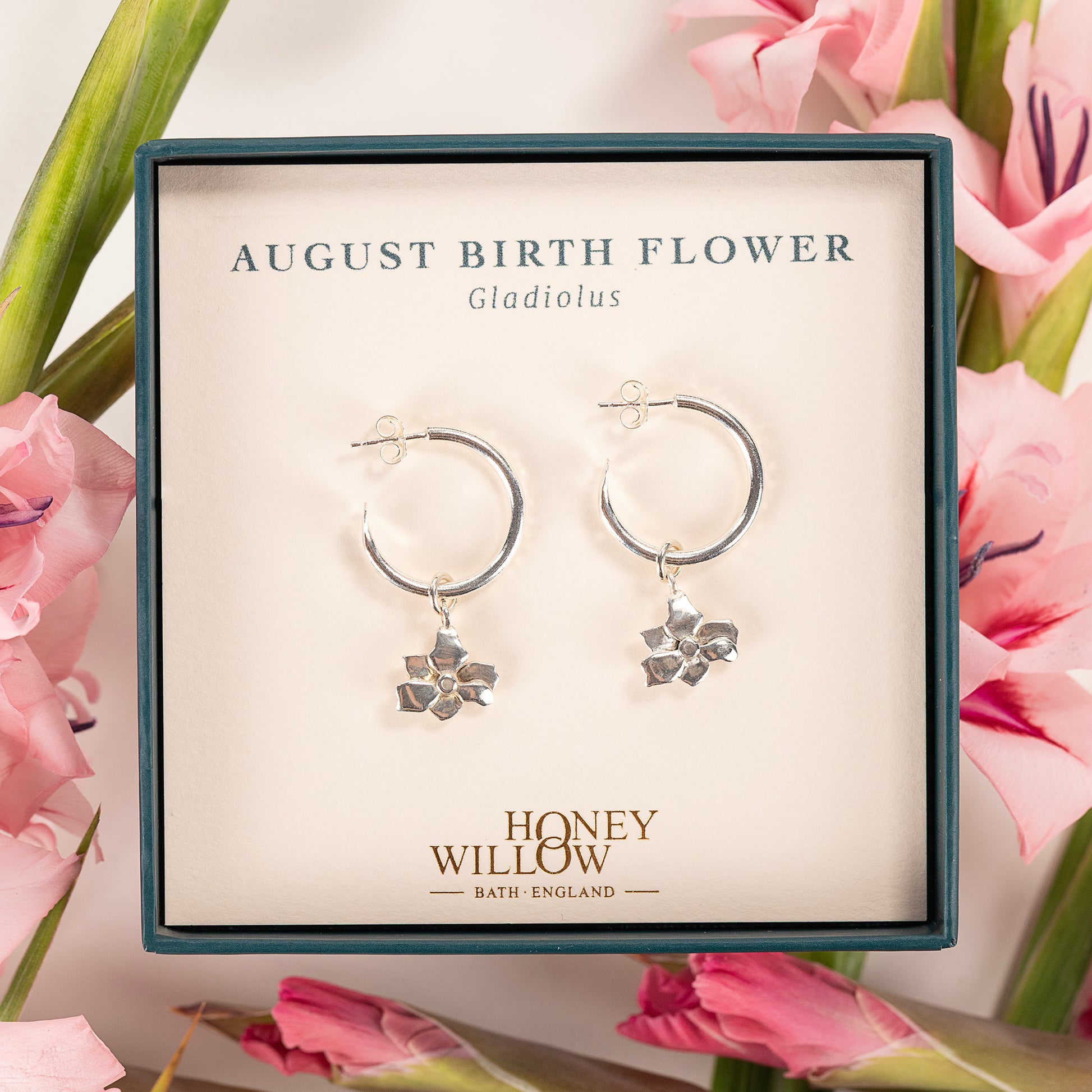 August Birth Flower Hoop Earrings - Gladiolus - Silver - 2cm