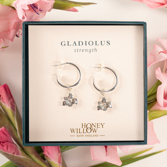 Gladiolus Flower Hoop Earrings - Strength - Silver - 2cm