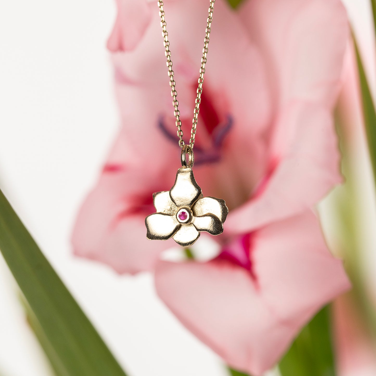 40th Birthday Gift - Gladiolus Flower Necklace & Ruby - 9kt Gold