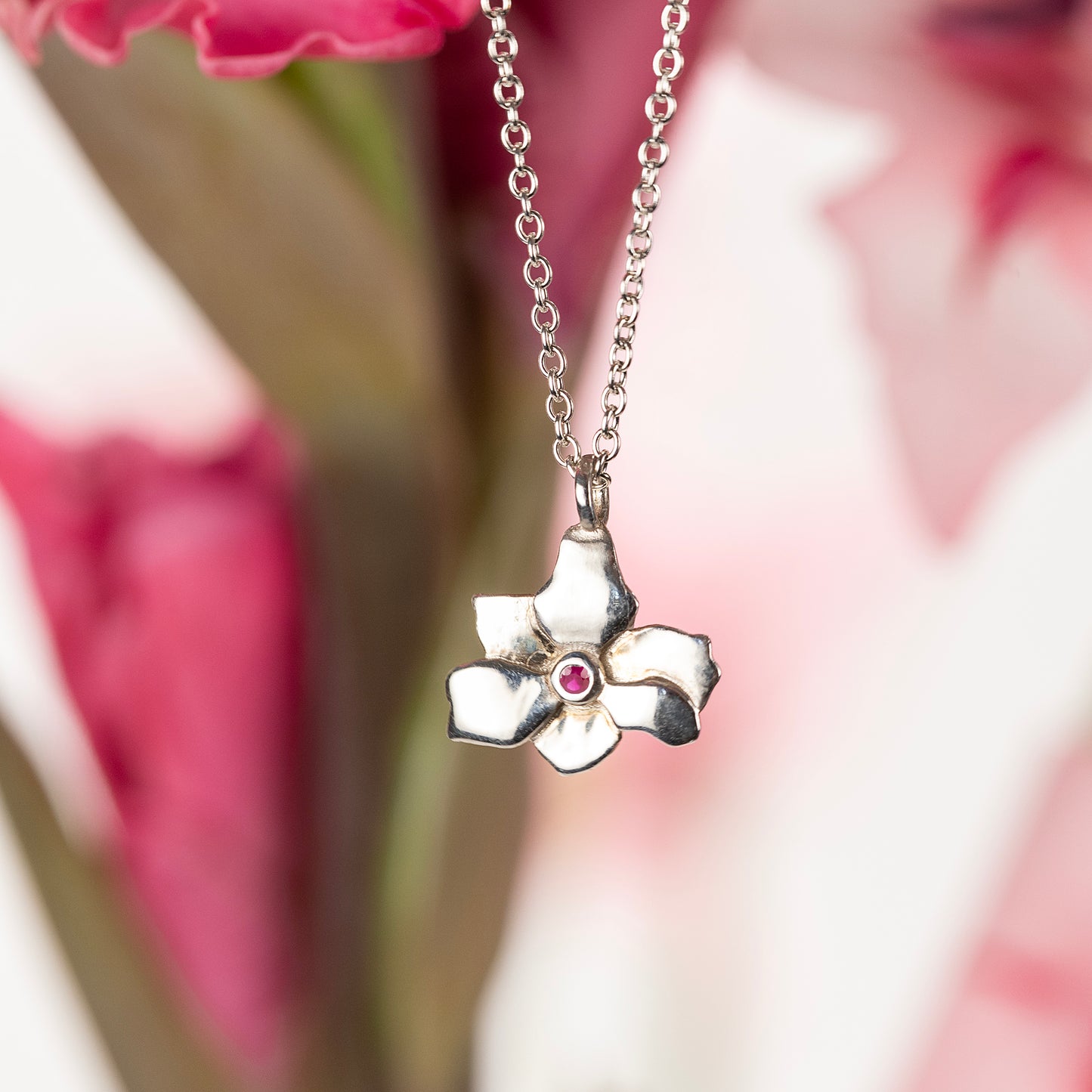 40th Birthday Gift - Gladiolus Flower Necklace & Ruby - Silver