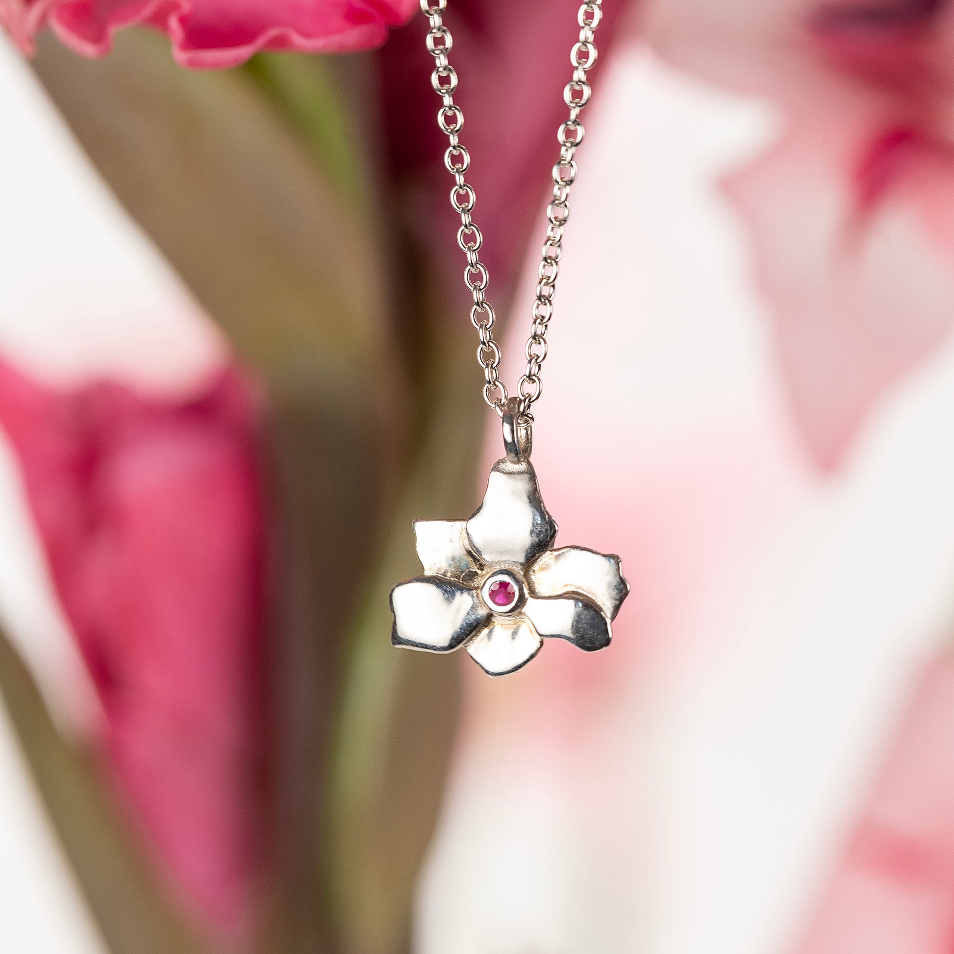 40th Birthday Gift - Gladiolus Flower Necklace & Ruby - Silver