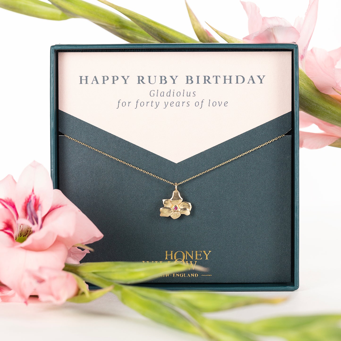 40th Birthday Gift - Gladiolus Flower Necklace & Ruby - 9kt Gold