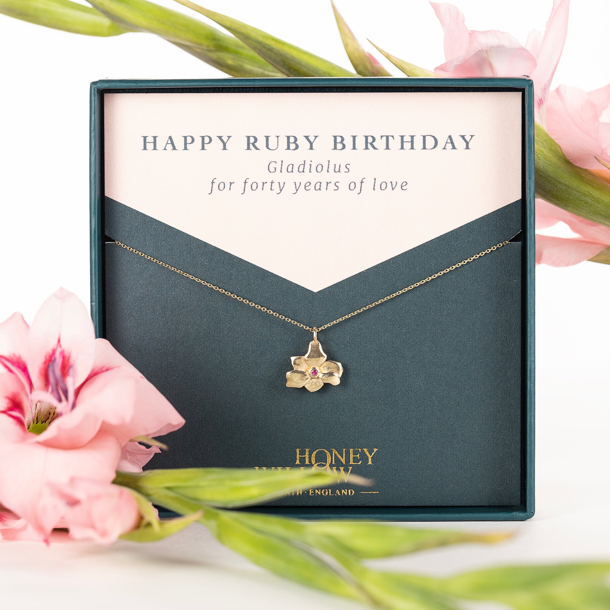 40th Birthday Gift - Gladiolus Flower Necklace & Ruby - 9kt Gold