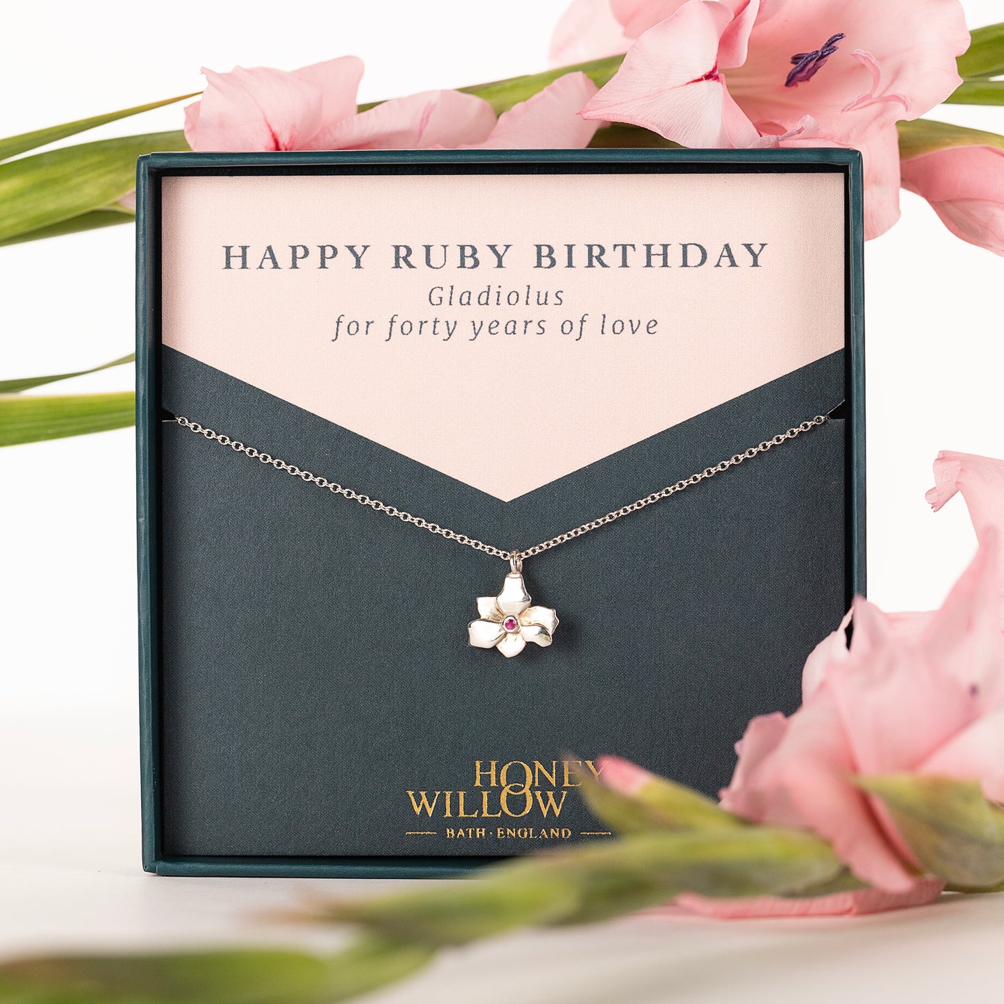 40th Birthday Gift - Gladiolus Flower Necklace & Ruby - Silver