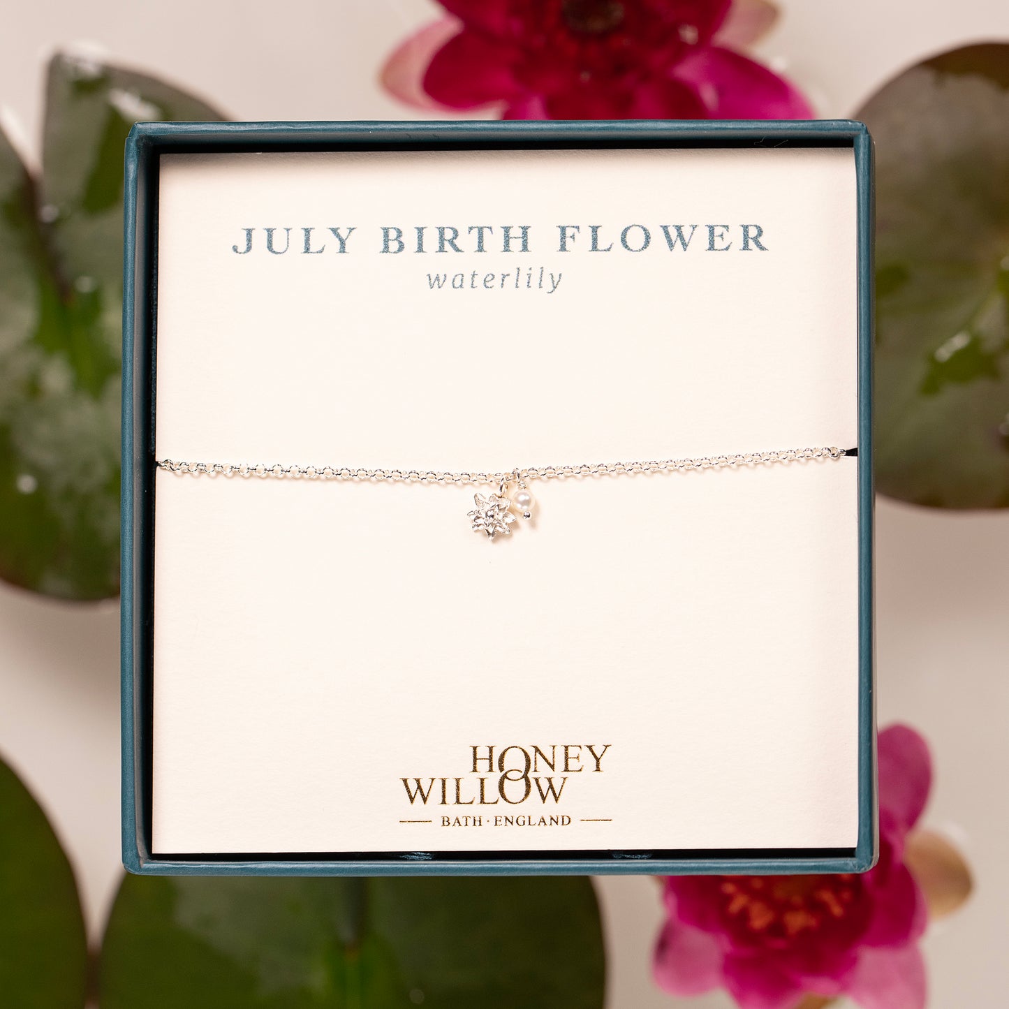 July Birth Flower Bracelet - Waterlily & Pearl - Silver