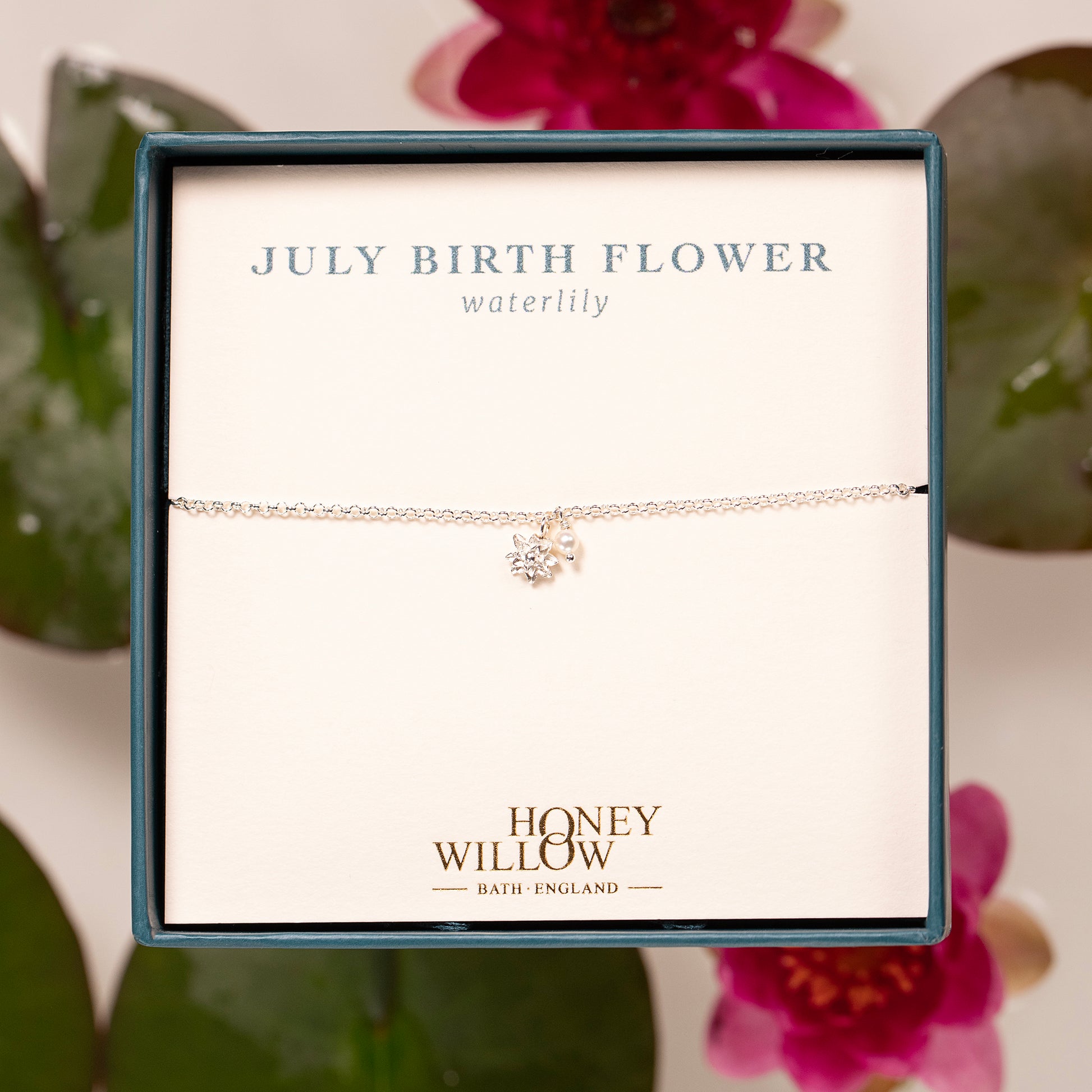July Birth Flower Bracelet - Waterlily & Pearl - Silver