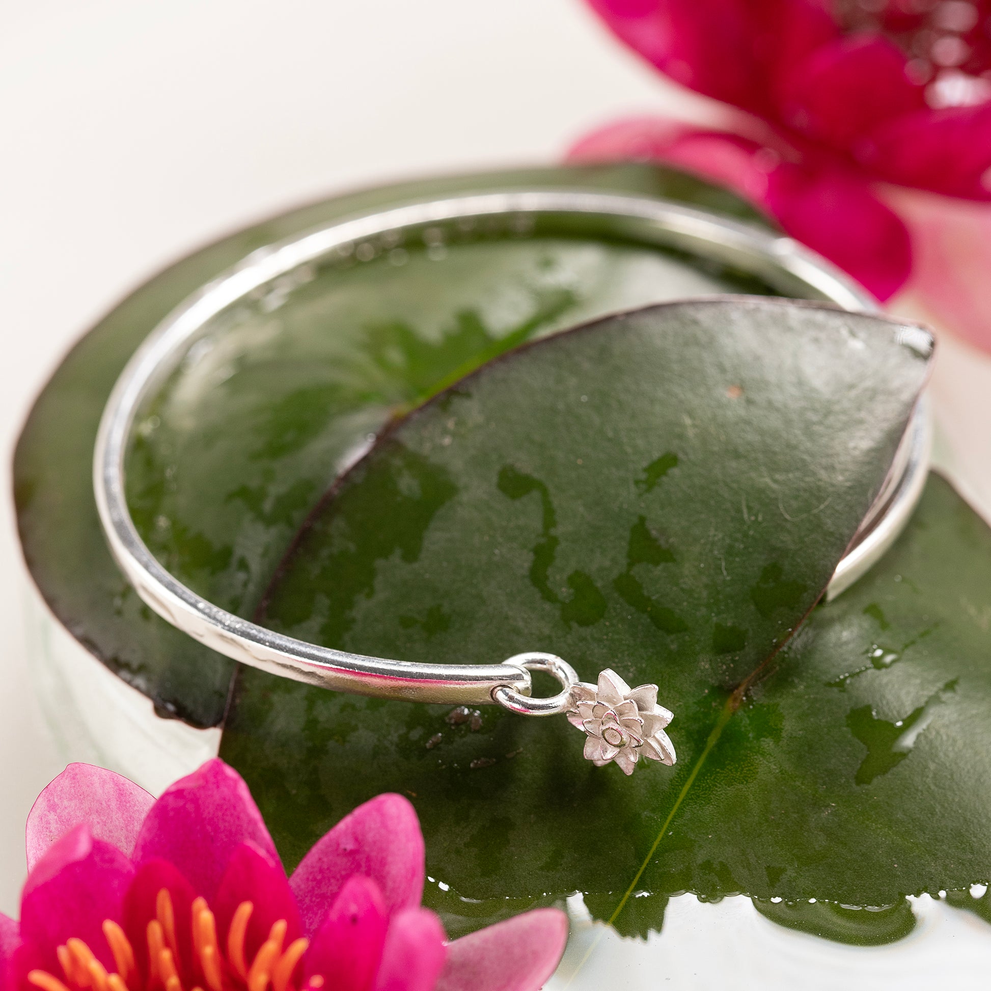 July Birth Flower Jewellery - Personalised Waterlily Torc Bangle - Silver