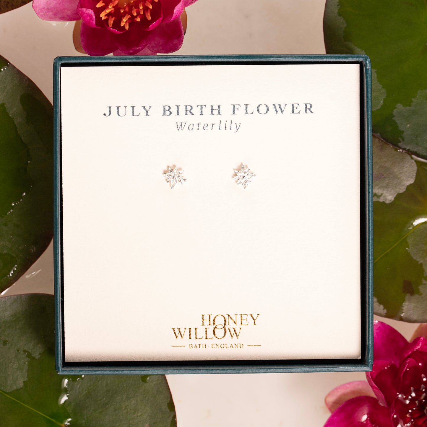 July Birth Flower Stud Earrings - Waterlily - Silver