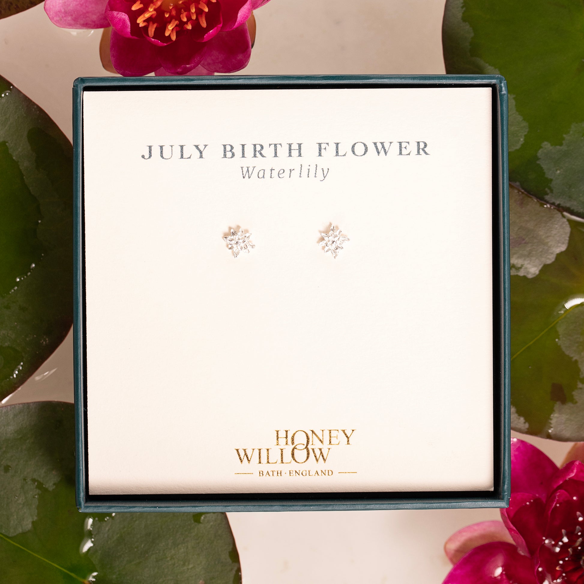 July Birth Flower Stud Earrings - Waterlily - Silver