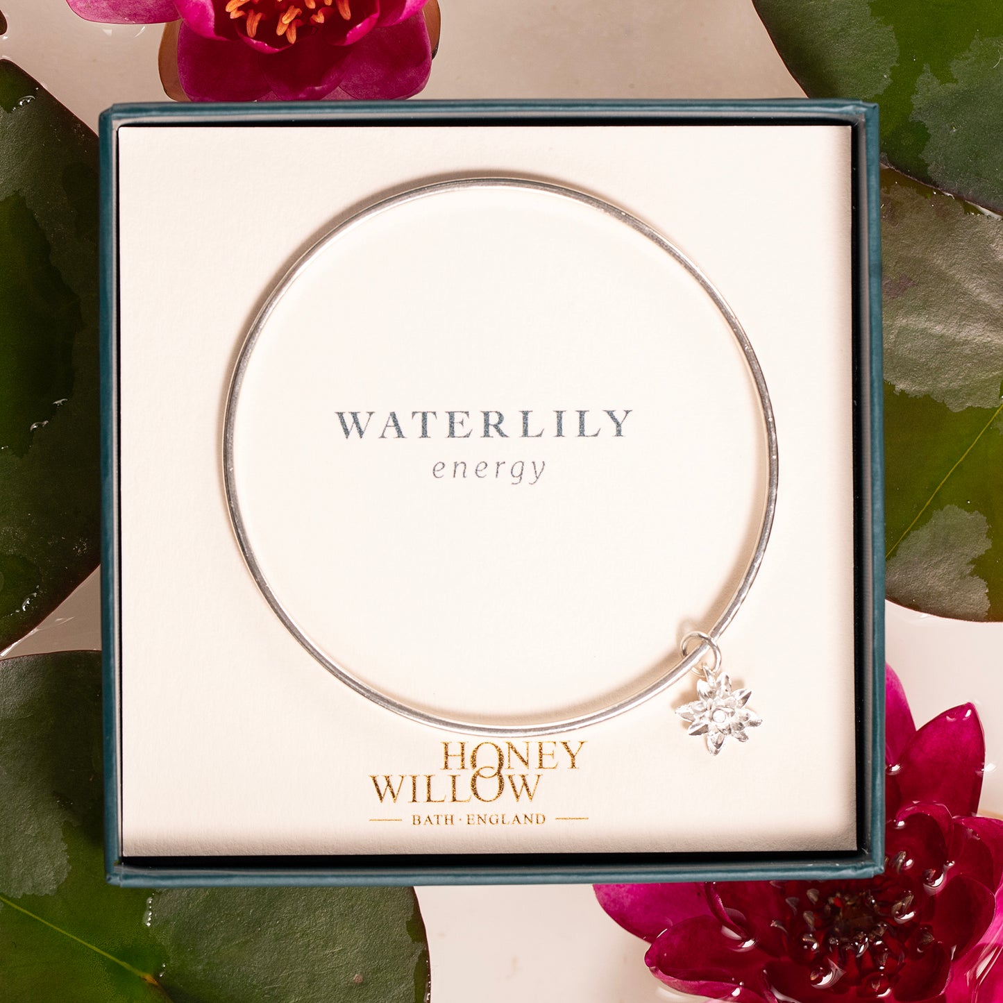 Personalised Waterlily Flower Bangle - Energy - Silver