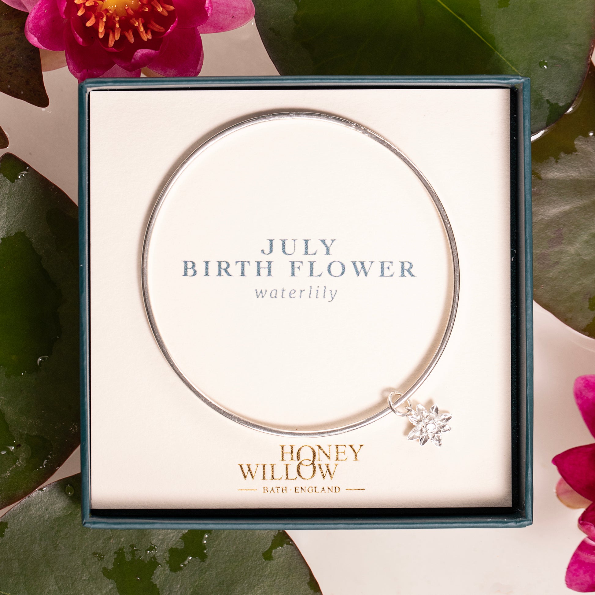 July Birth Flower Jewellery - Personalised Waterlily Bangle - Silver