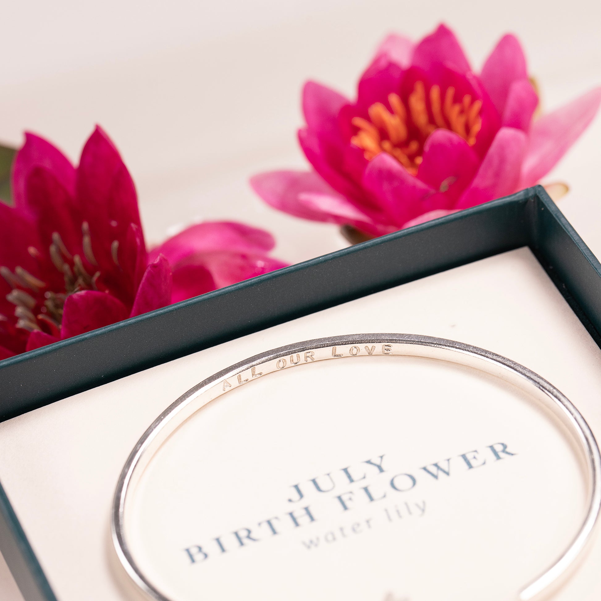 July Birth Flower Jewellery - Personalised Waterlily Torc Bangle - Silver