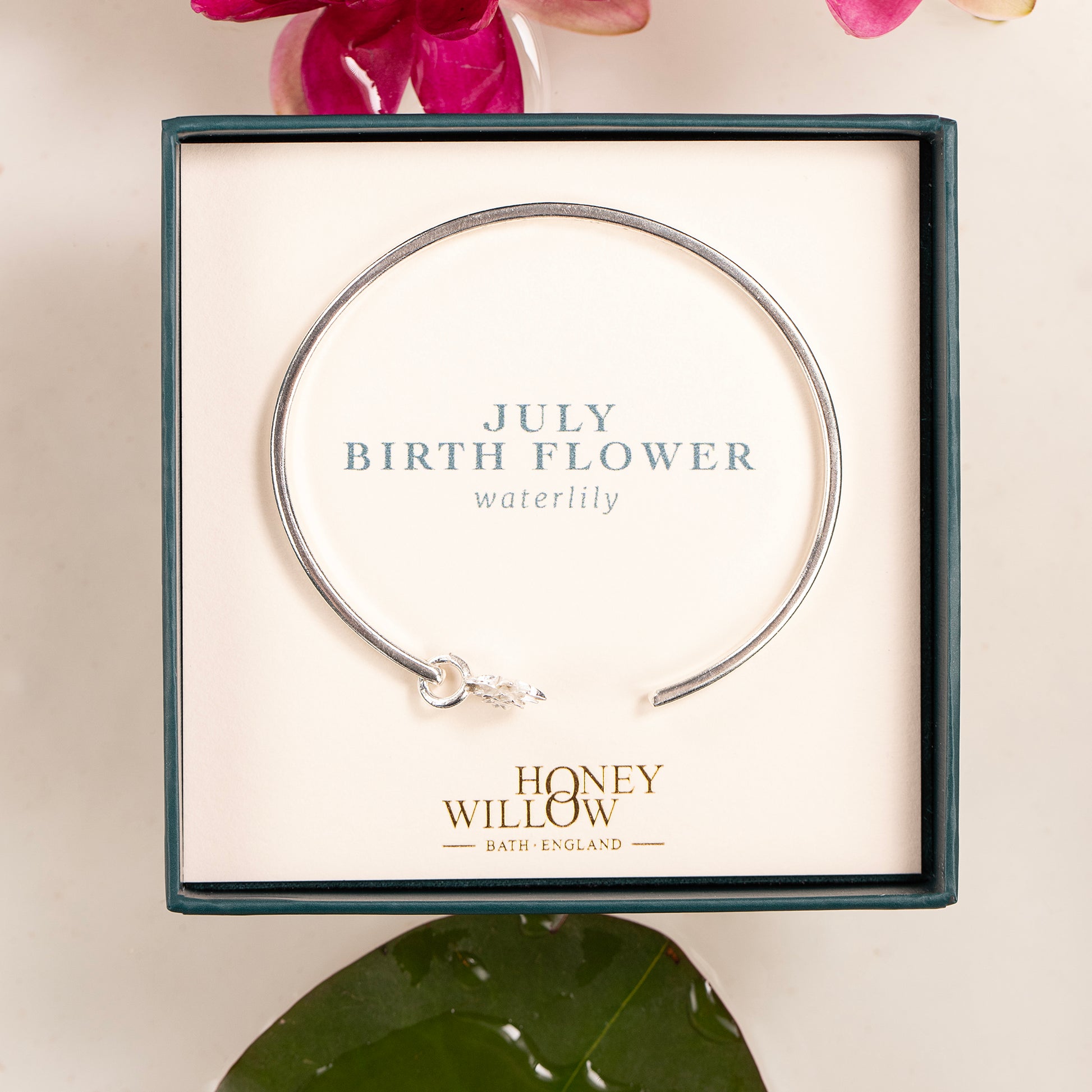 July Birth Flower Jewellery - Personalised Waterlily Torc Bangle - Silver