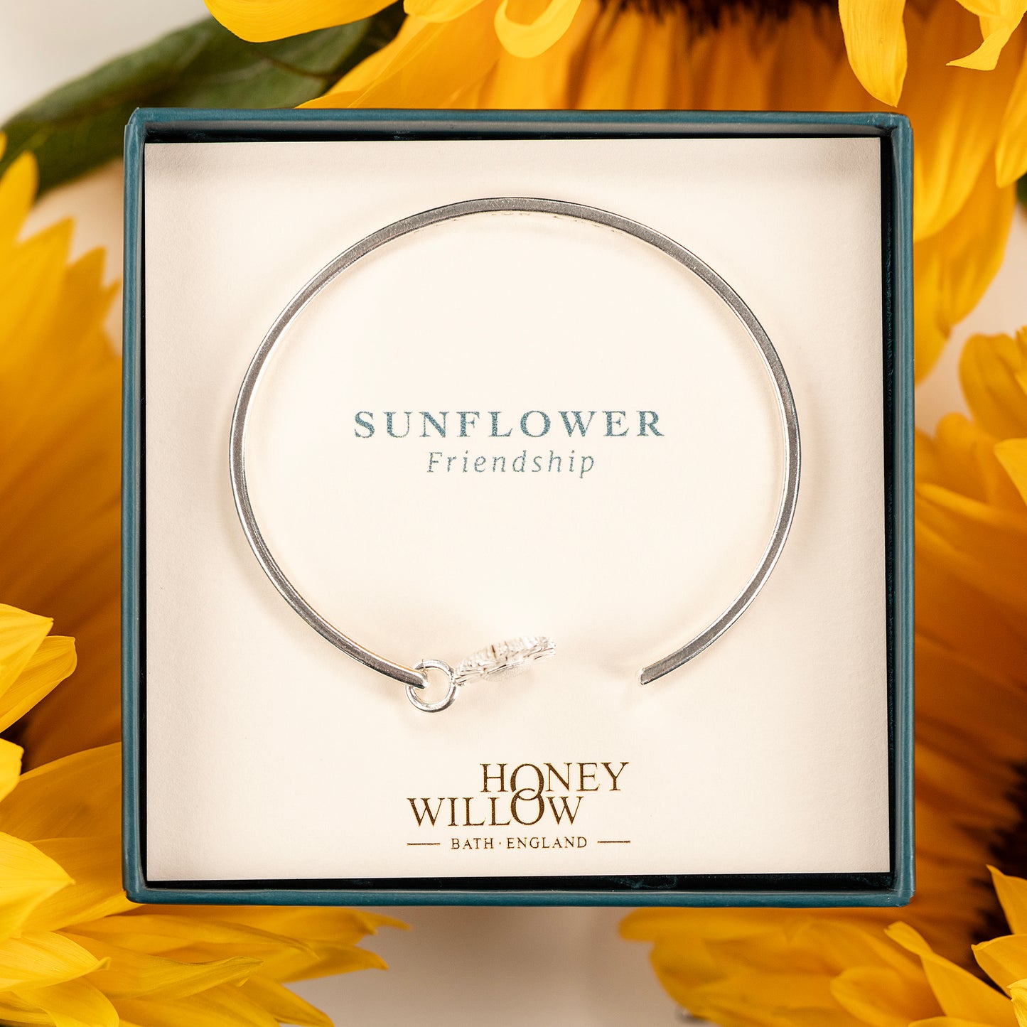 Personalised Sunflower Torc Bangle - Friendship - Silver