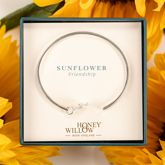 Personalised Sunflower Torc Bangle - Friendship - Silver