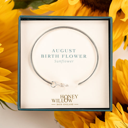 August Birth Flower Jewellery - Personalised Sunflower Torc Bangle - Silver