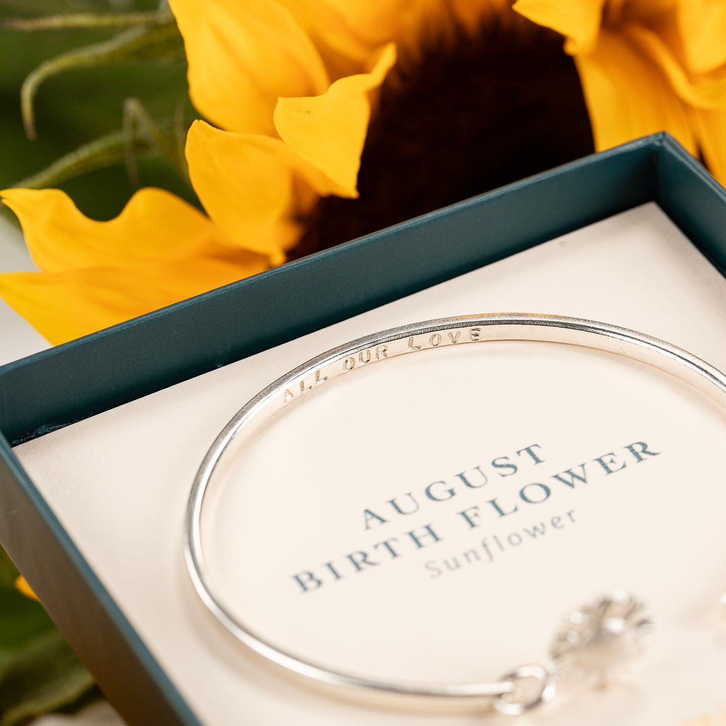 August Birth Flower Jewellery - Personalised Sunflower Torc Bangle - Silver