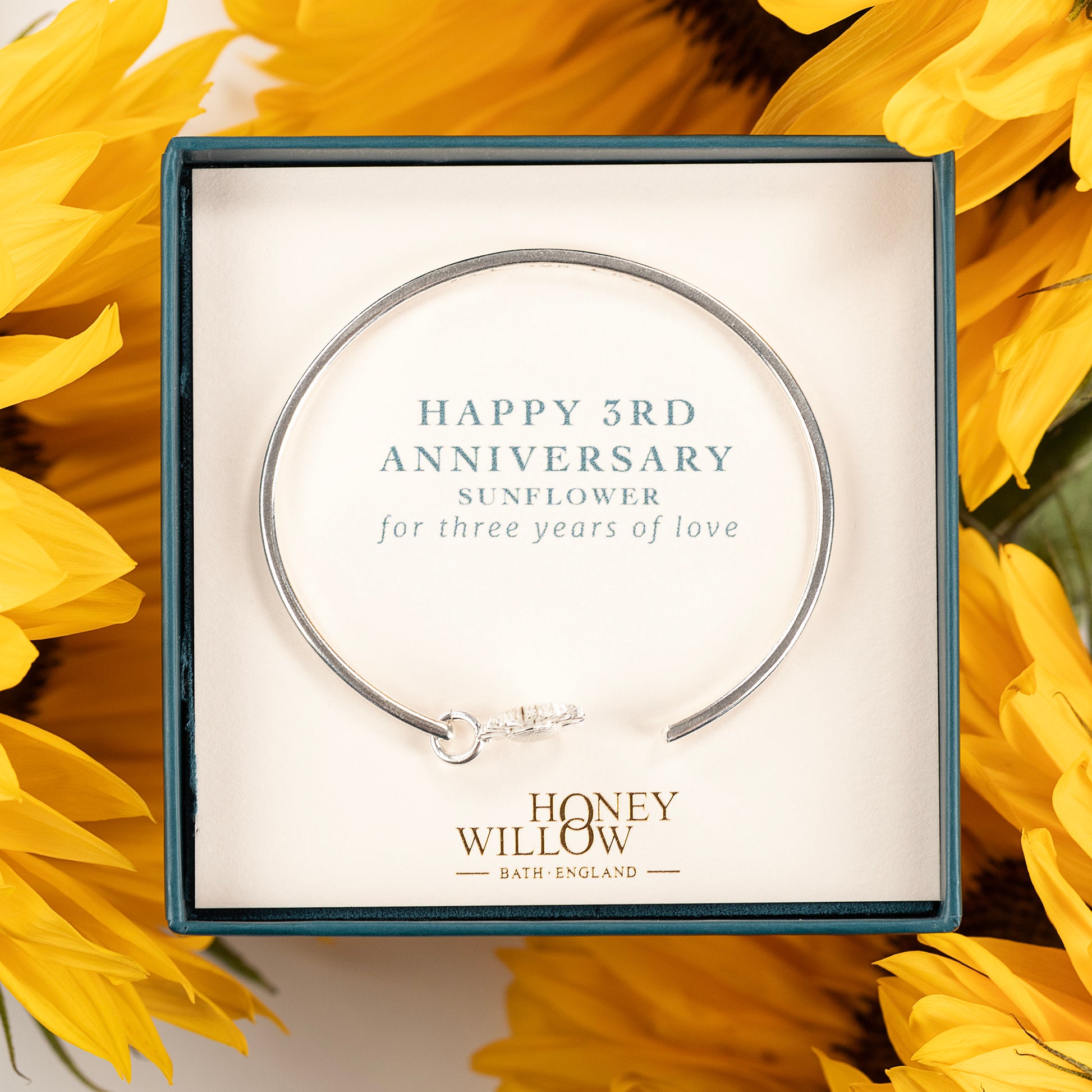3rd Anniversary Gift - Personalised Sunflower Torc Bangle - Silver
