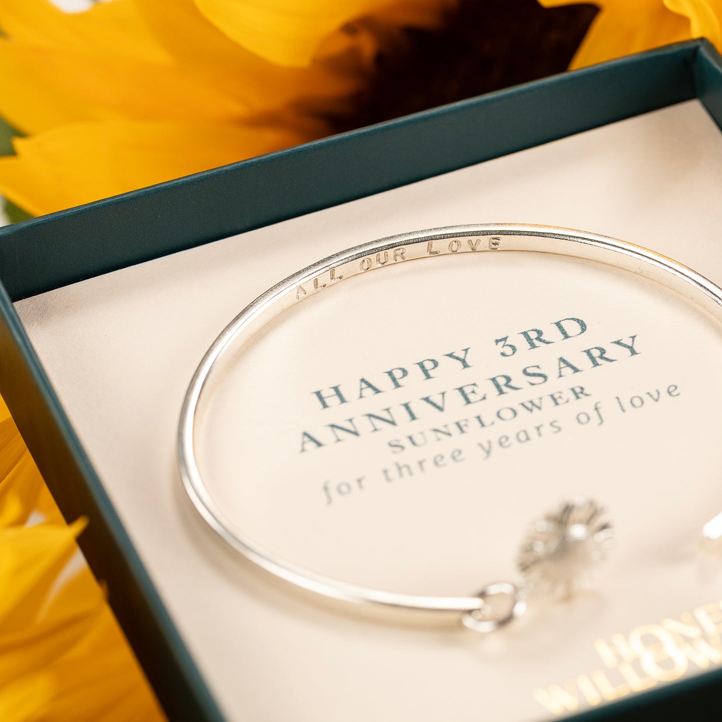 3rd Anniversary Gift - Personalised Sunflower Torc Bangle - Silver
