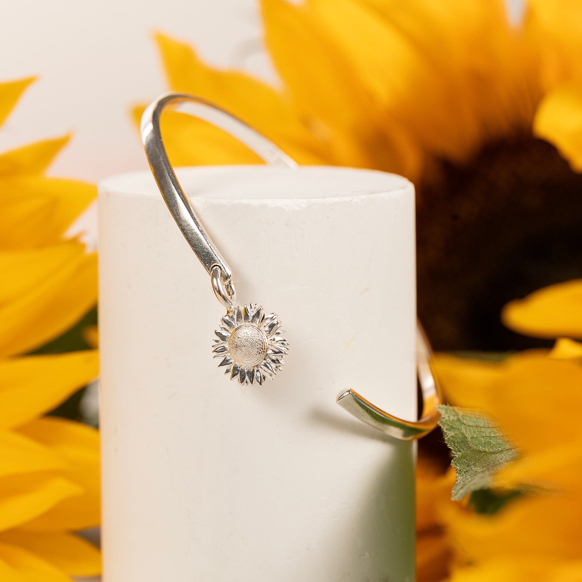 August Birth Flower Jewellery - Personalised Sunflower Torc Bangle - Silver