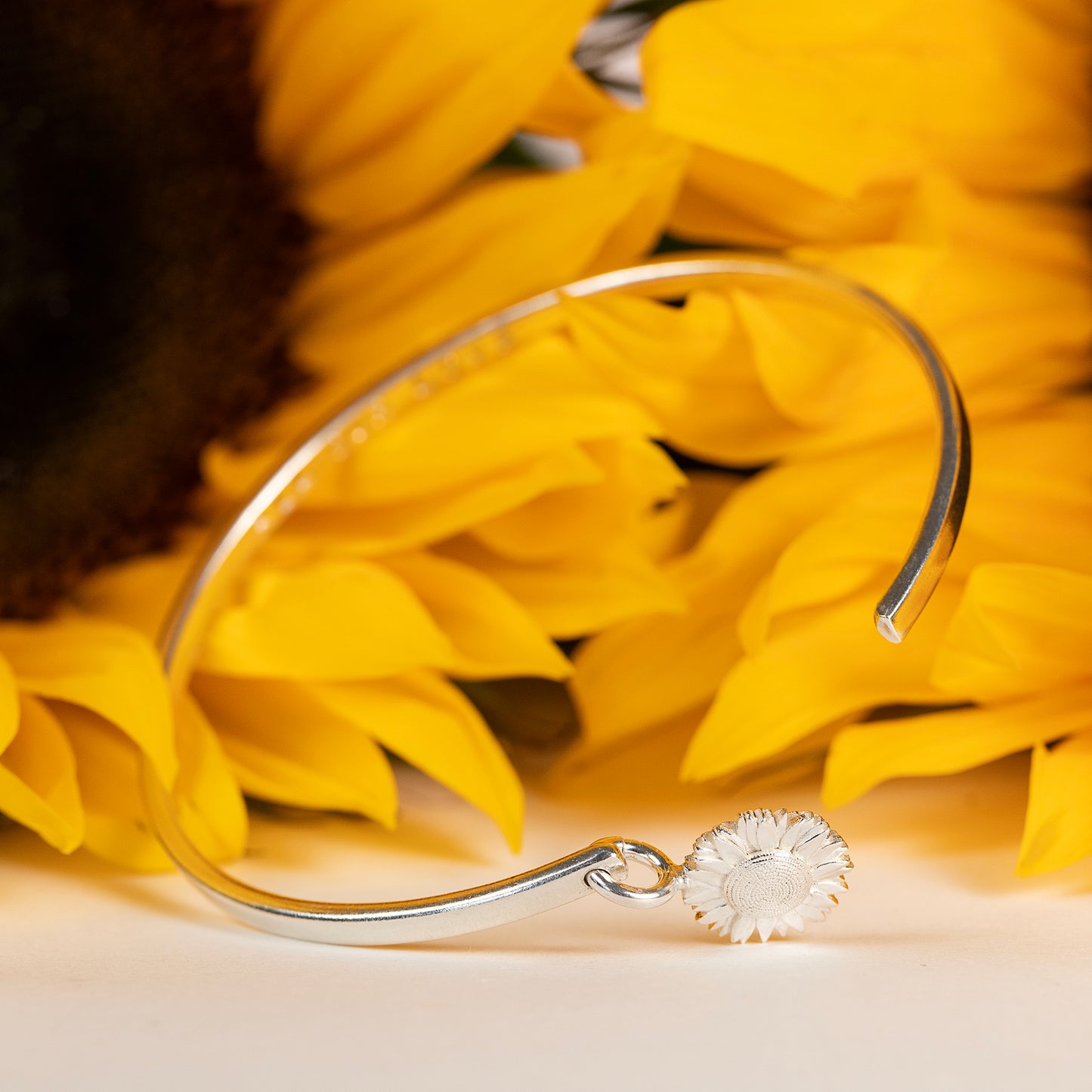 3rd Anniversary Gift - Personalised Sunflower Torc Bangle - Silver