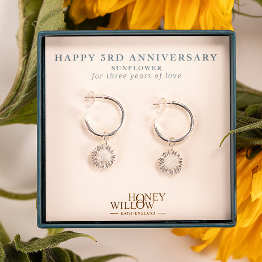 3rd Anniversary Gift - Sunflower Hoop Earrings - Silver - 2cm