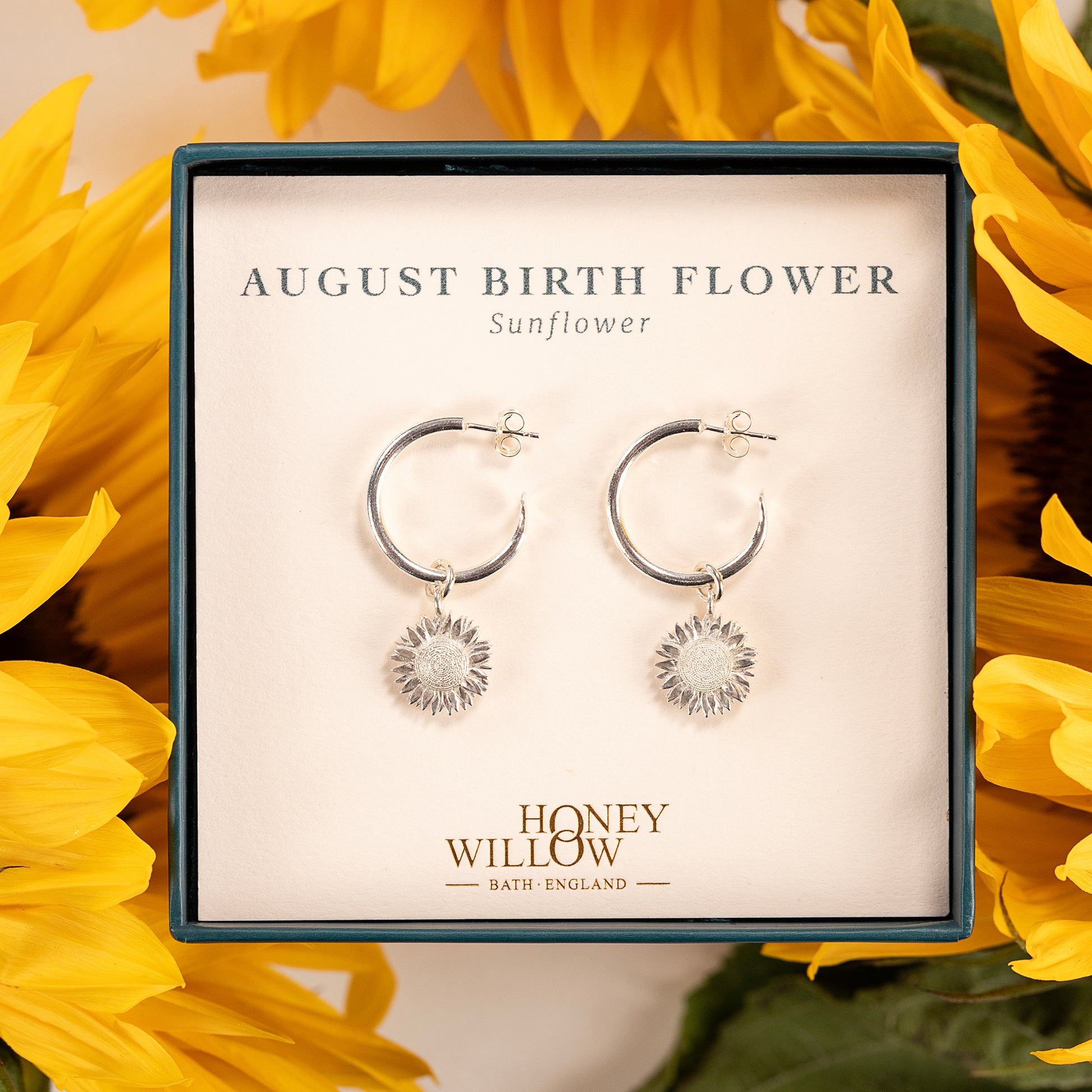 August Birth Flower Hoop Earrings - Sunflower - Silver - 2cm