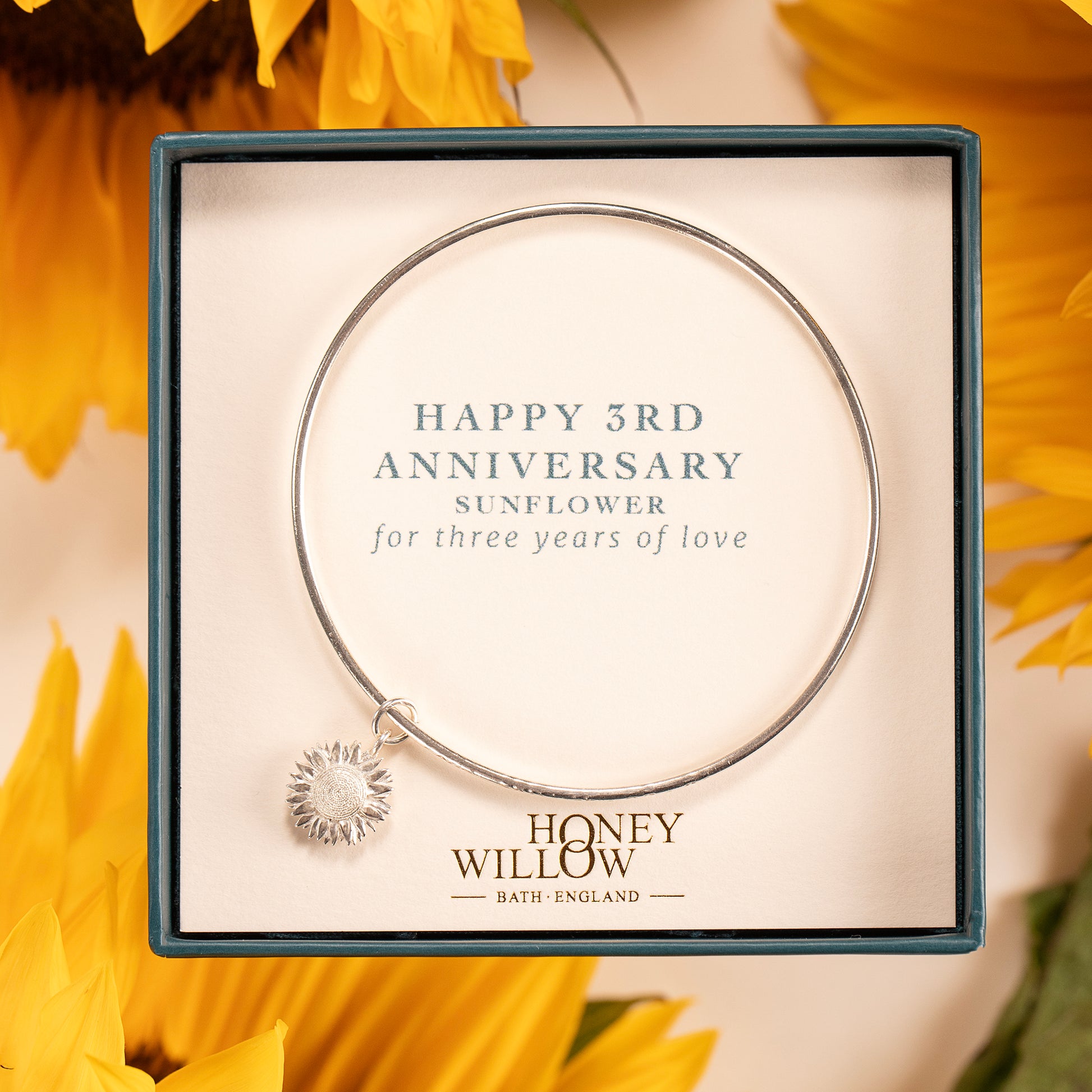 3rd Anniversary Gift - Personalised Sunflower Bangle - Silver